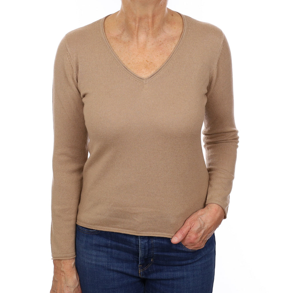 Camel Brown Cashmere V Neck Jumper Medium