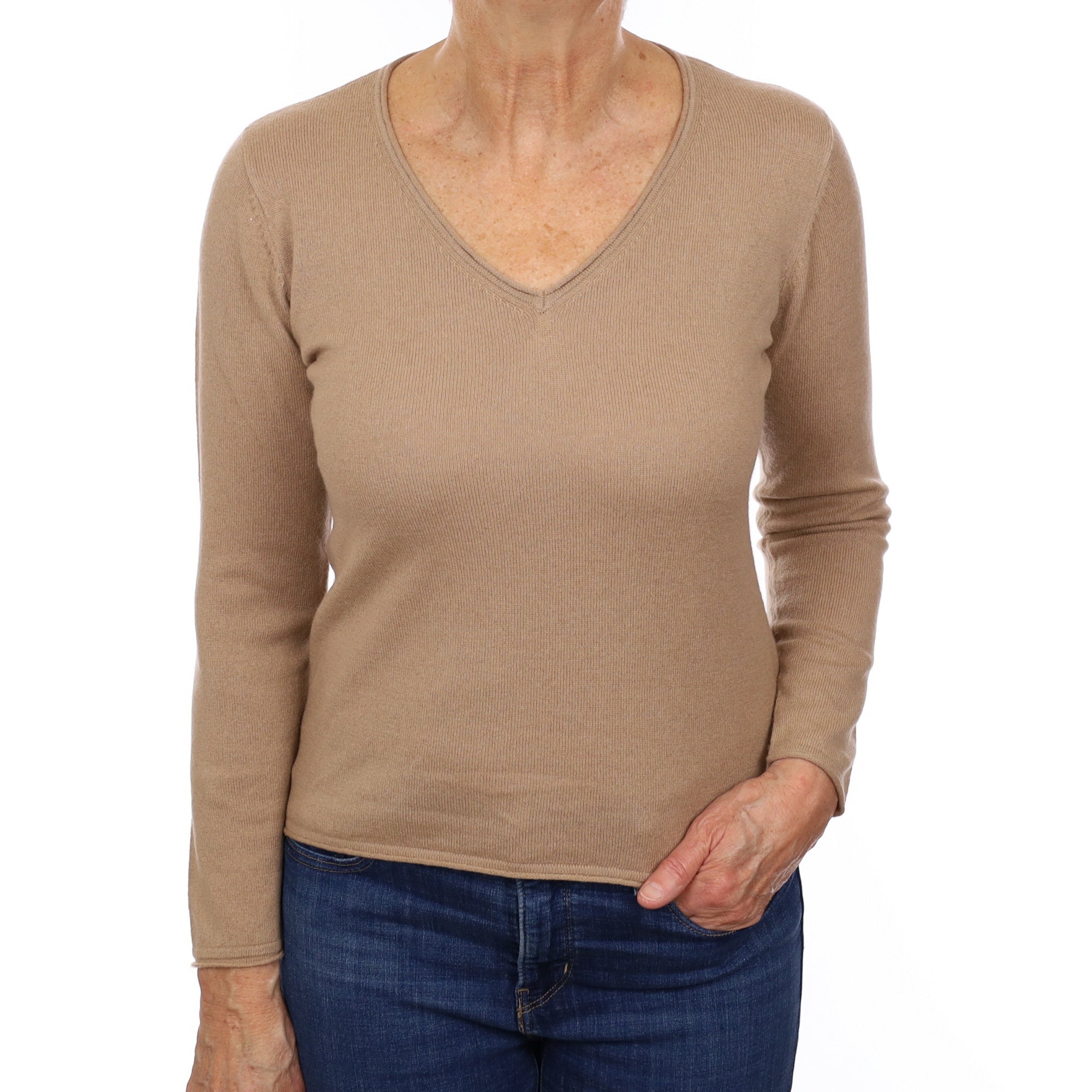 Camel Brown Cashmere V Neck Jumper Medium