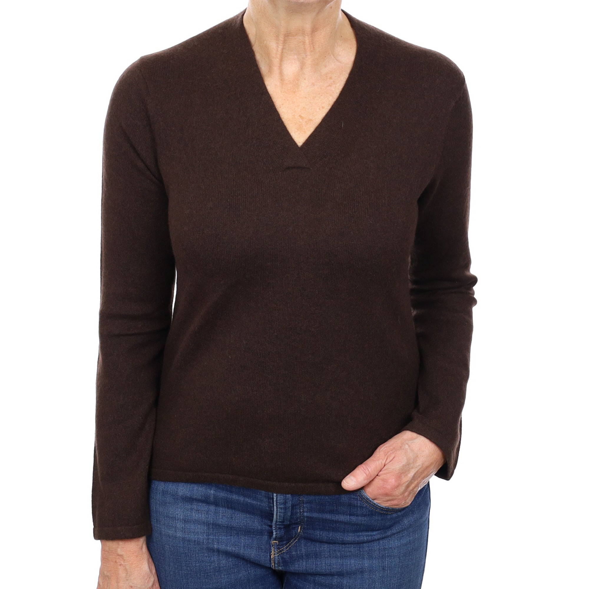 Dark Chocolate Brown Cashmere V Neck Jumper Medium