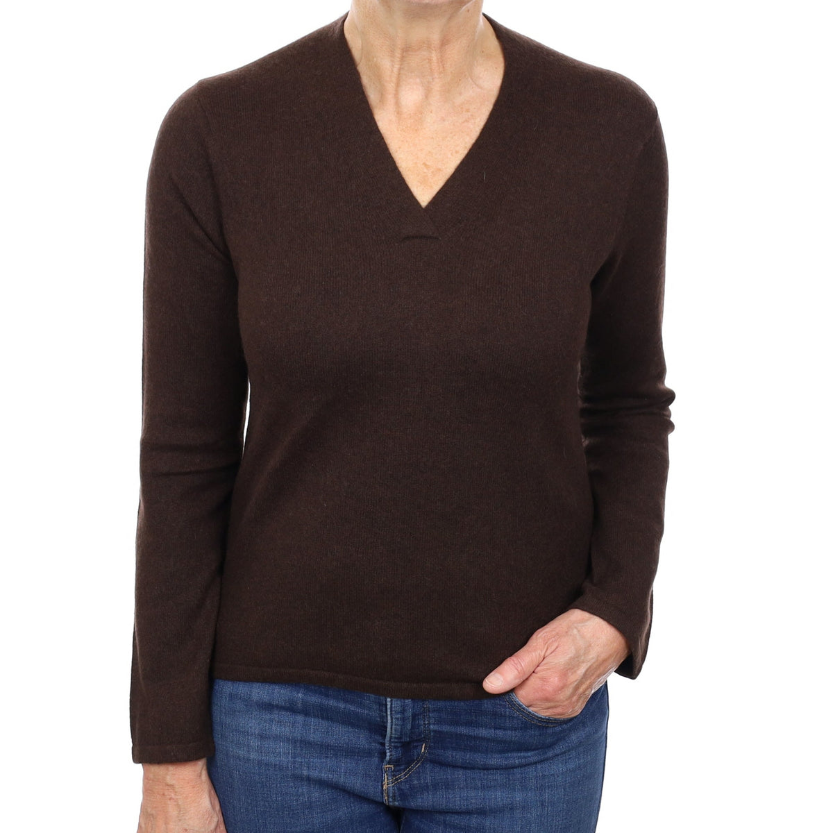 Dark Chocolate Brown Cashmere V Neck Jumper Medium