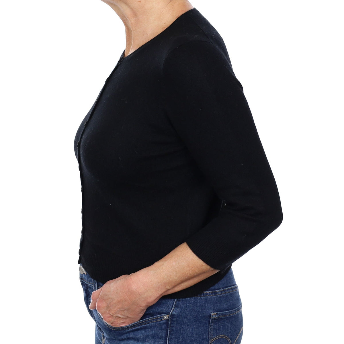 Black Cashmere 3/4 Sleeve Cropped Cardigan Medium