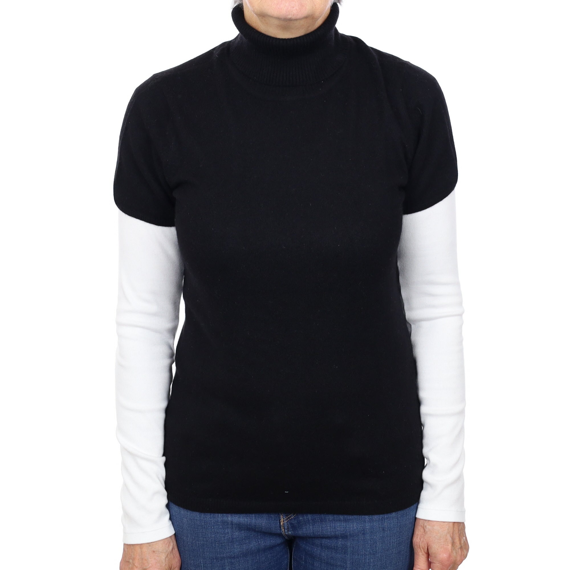 Black Cashmere Short Sleeved Polo  Neck Jumper Medium