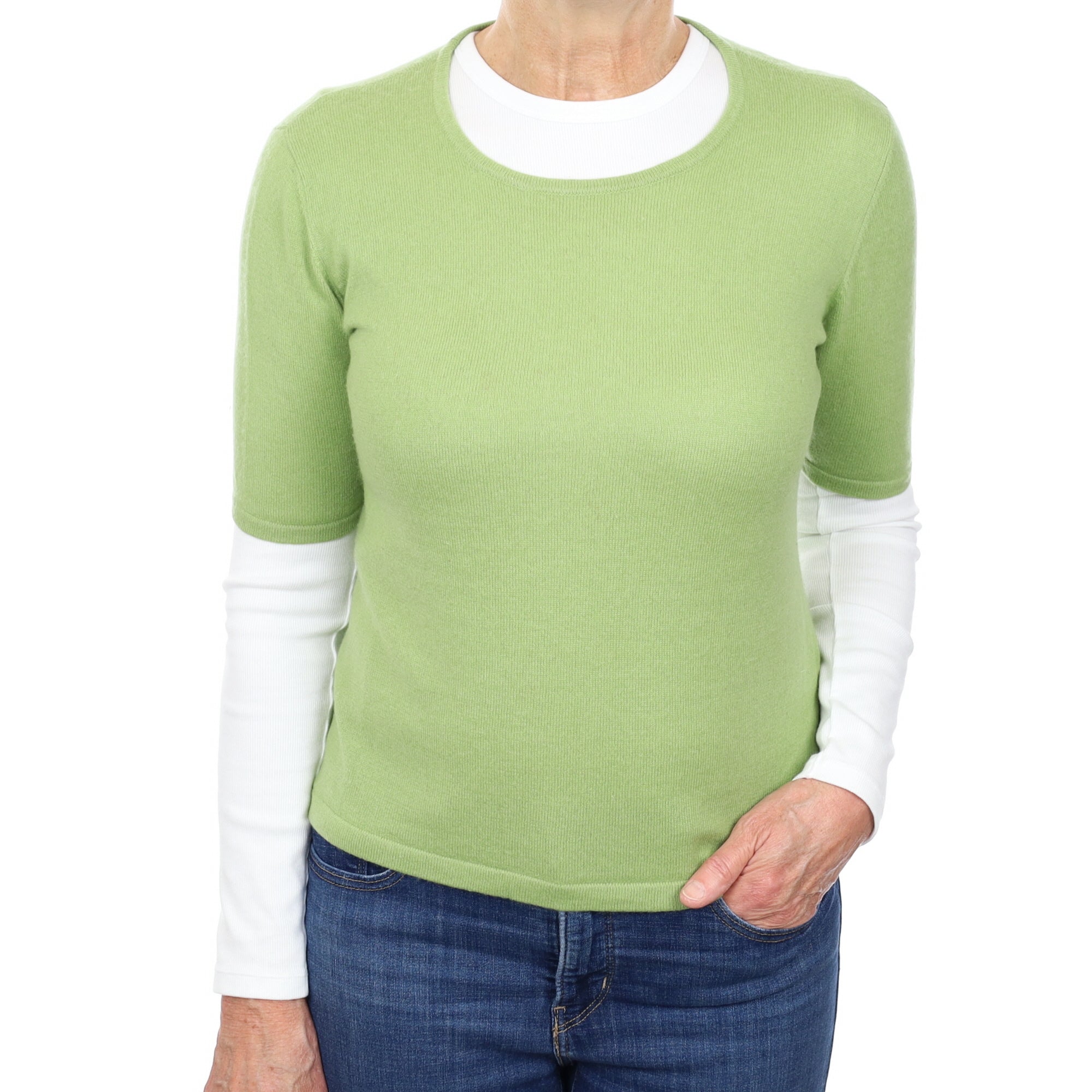 Pear Green Cashmere Short Sleeved Crew Neck Jumper Medium