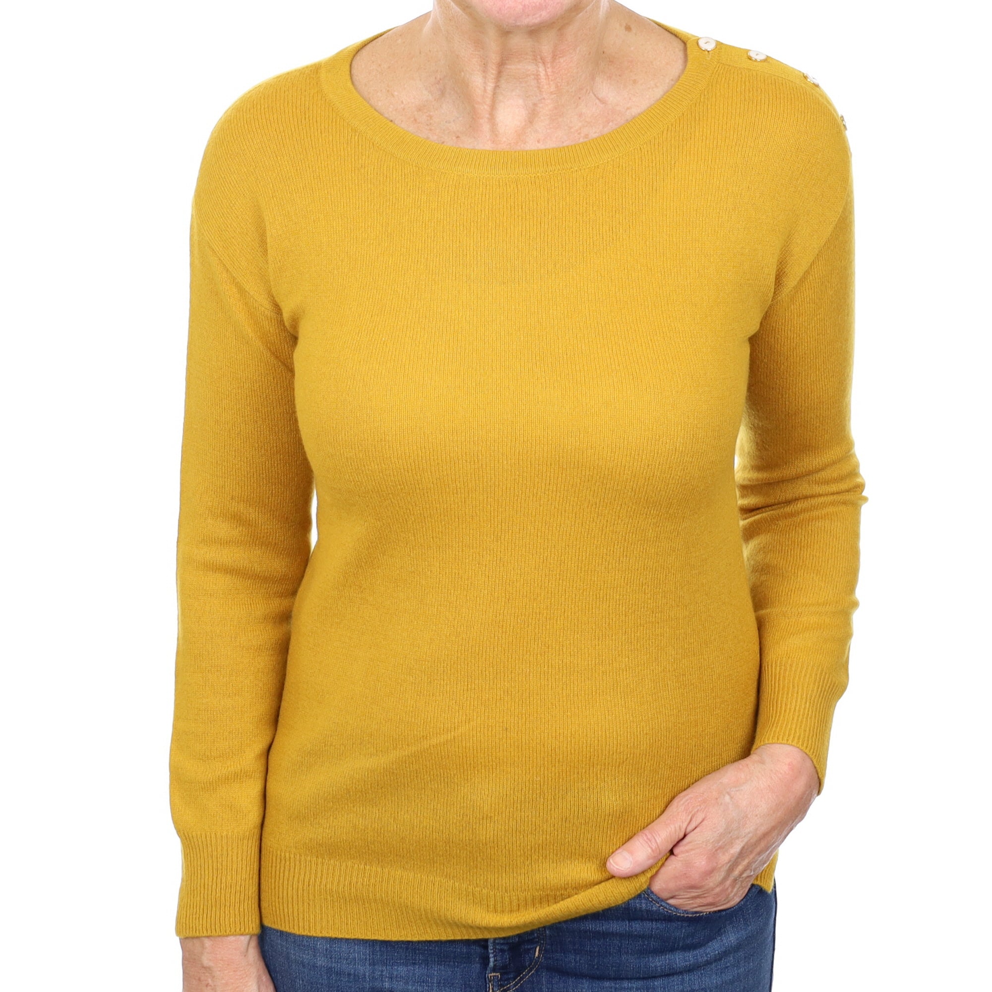 Mustard Yellow Cashmere Buttoned Crew Neck Jumper Medium