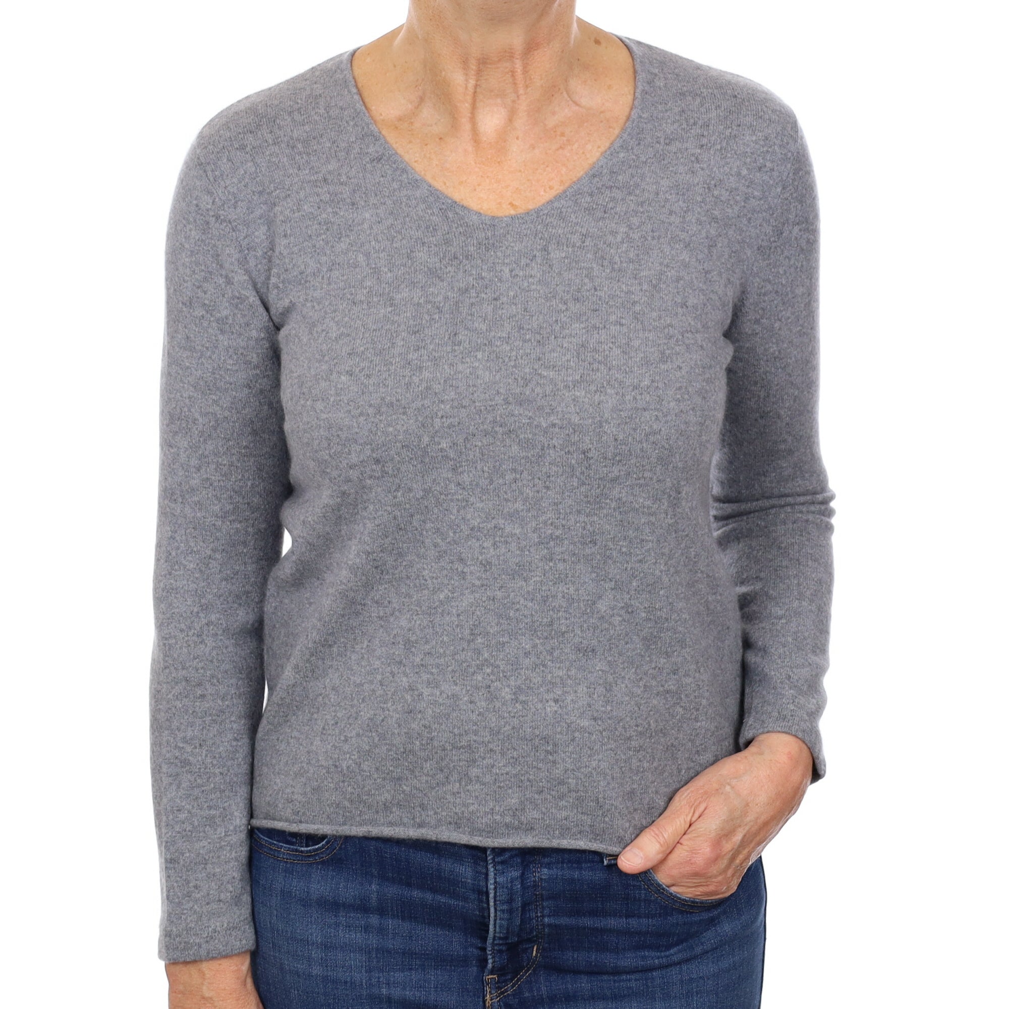 Ash Grey Cashmere V Neck Jumper Medium
