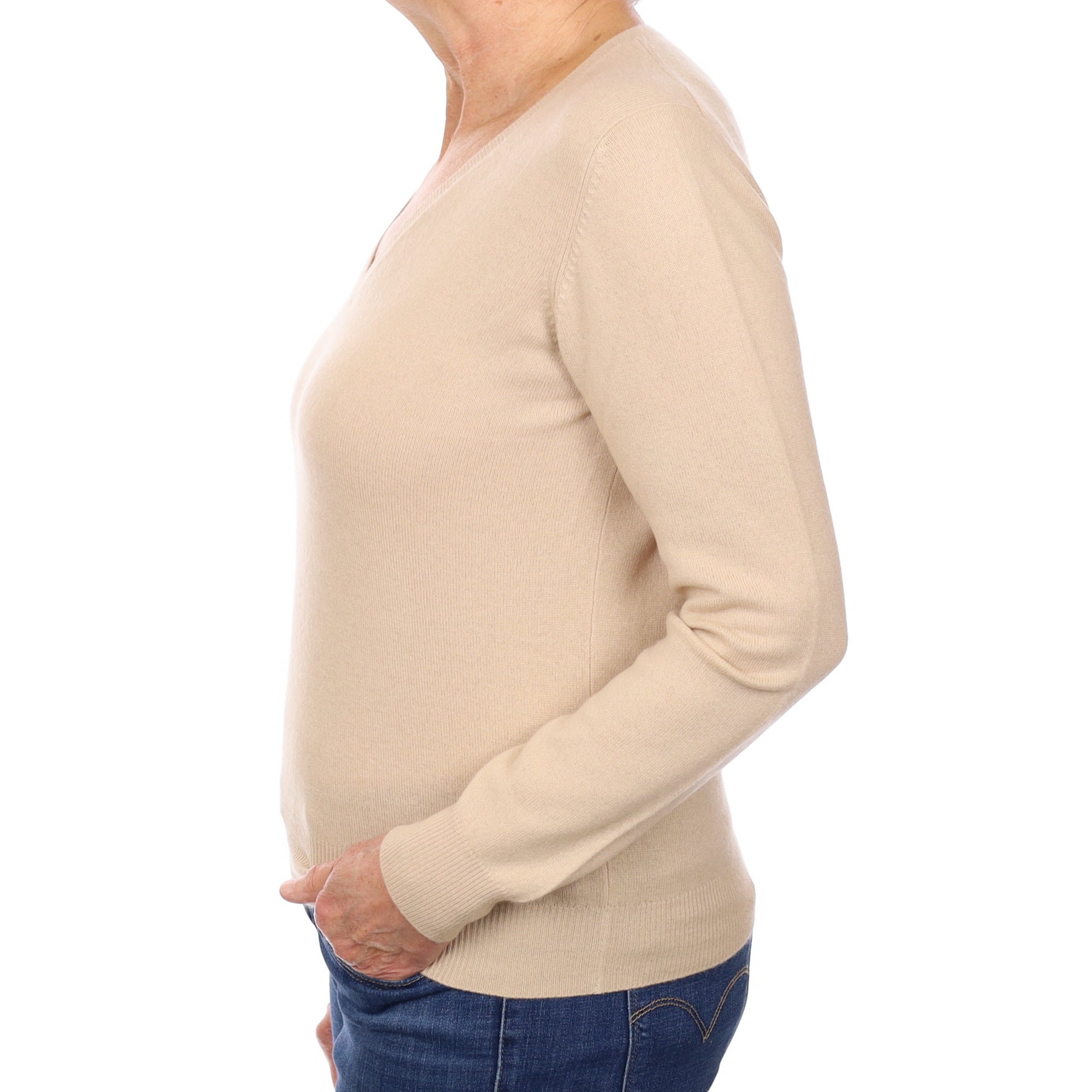 Beige Cashmere V Neck Jumper Medium