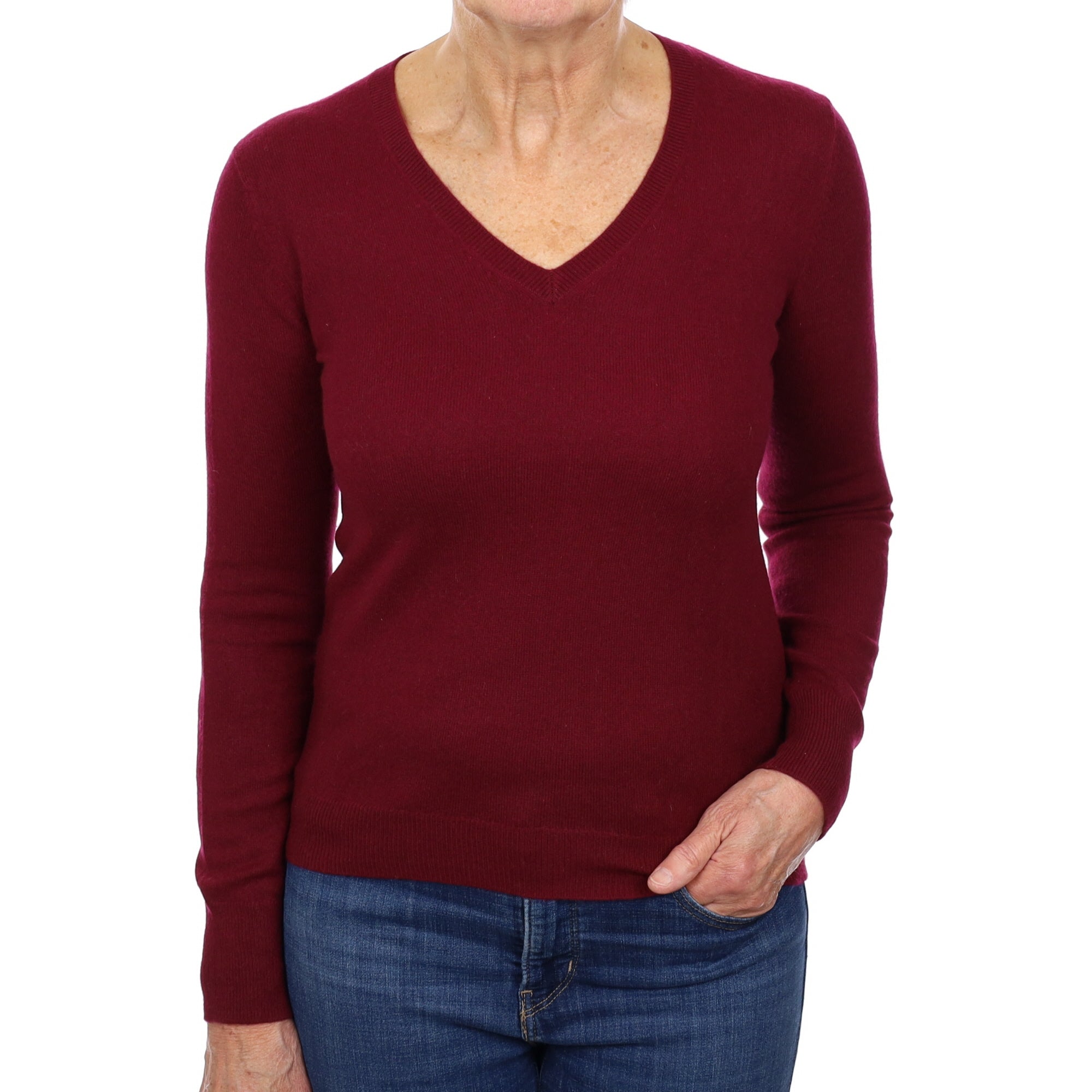 Wine Red Cashmere V Neck Jumper Medium