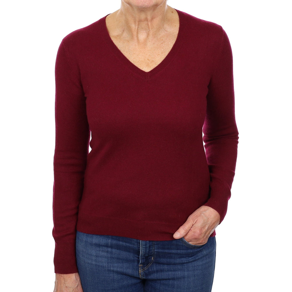 Wine Red Cashmere V Neck Jumper Medium