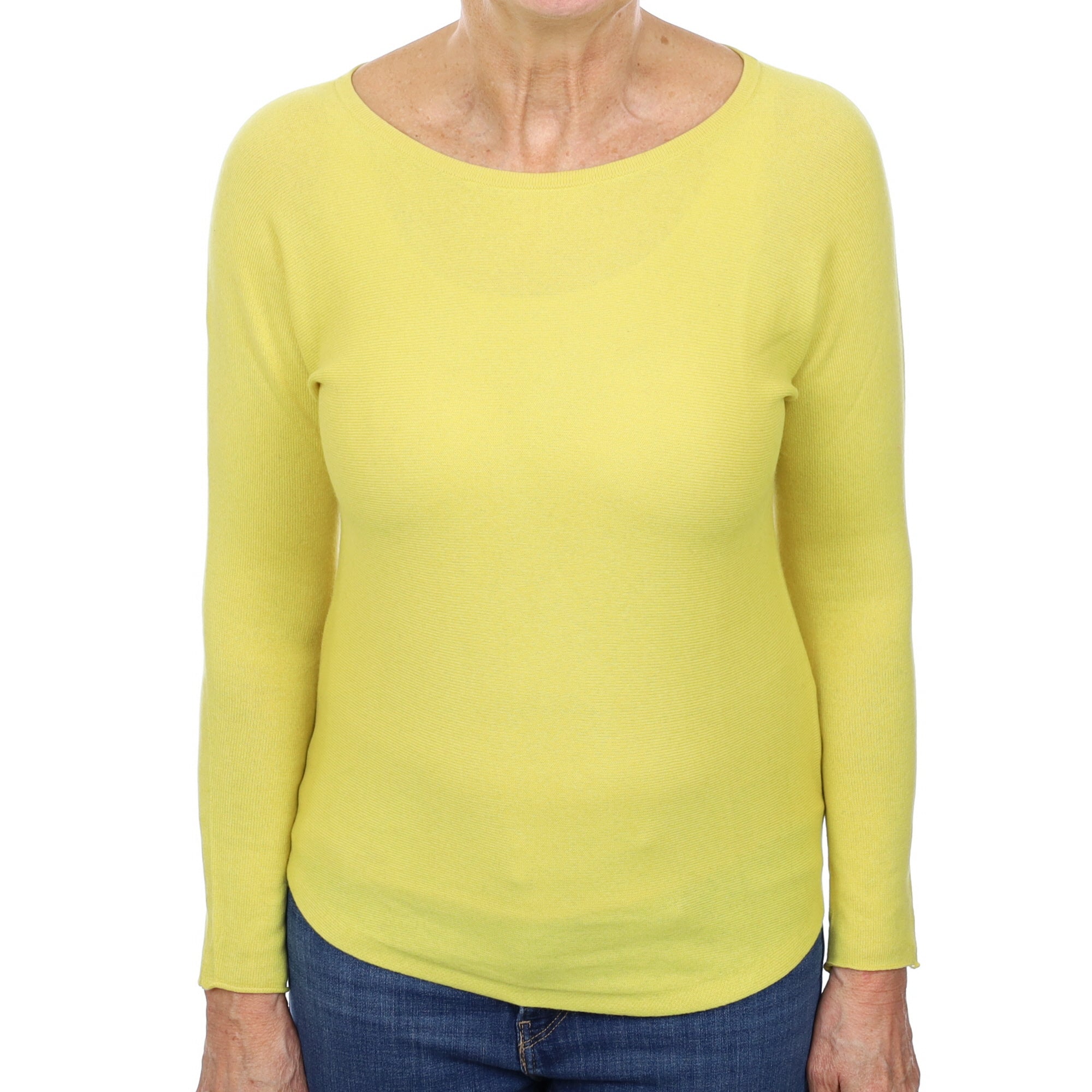 Lemon Yellow Cashmere Batwing Boat Neck Jumper Medium