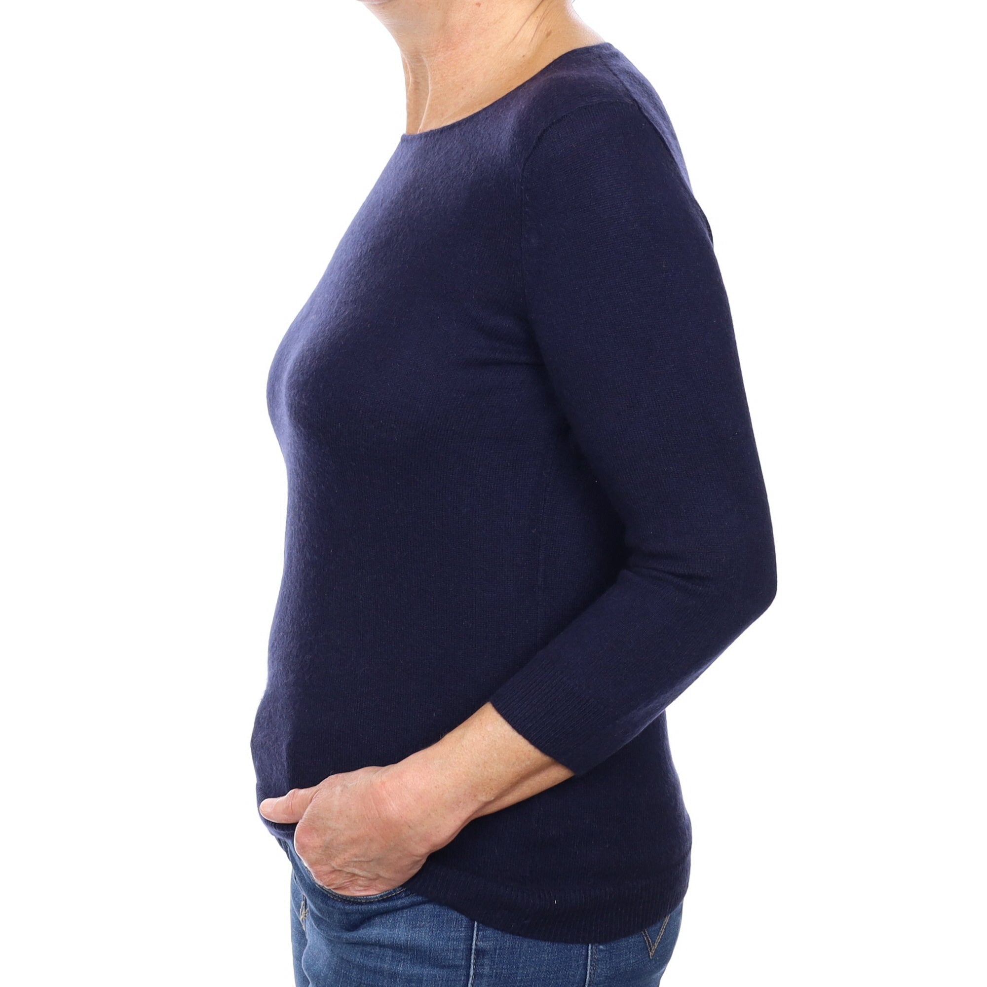 Navy Blue Cashmere 3/4 Sleeve Crew Neck Jumper Medium