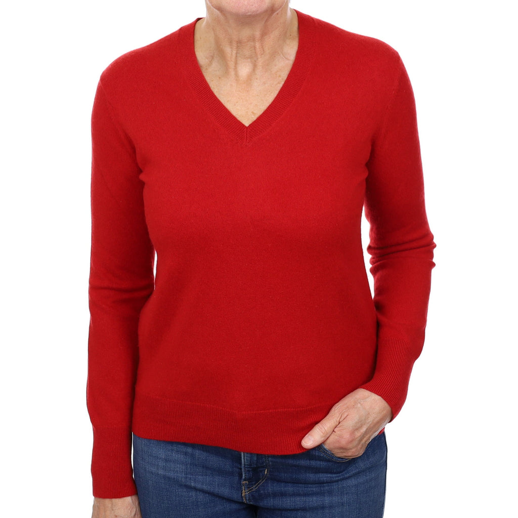 Spanish Red Cashmere V Neck Jumper Medium