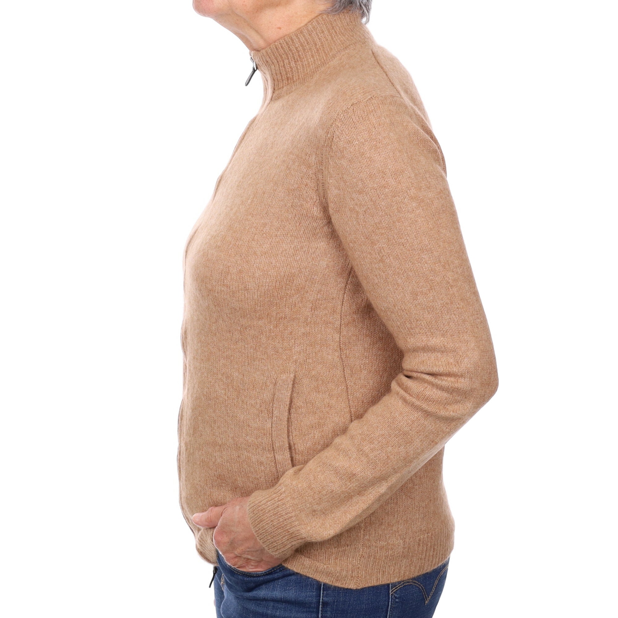 Caramel Chunky Cashmere Zip Up Cardigan with Pockets Medium