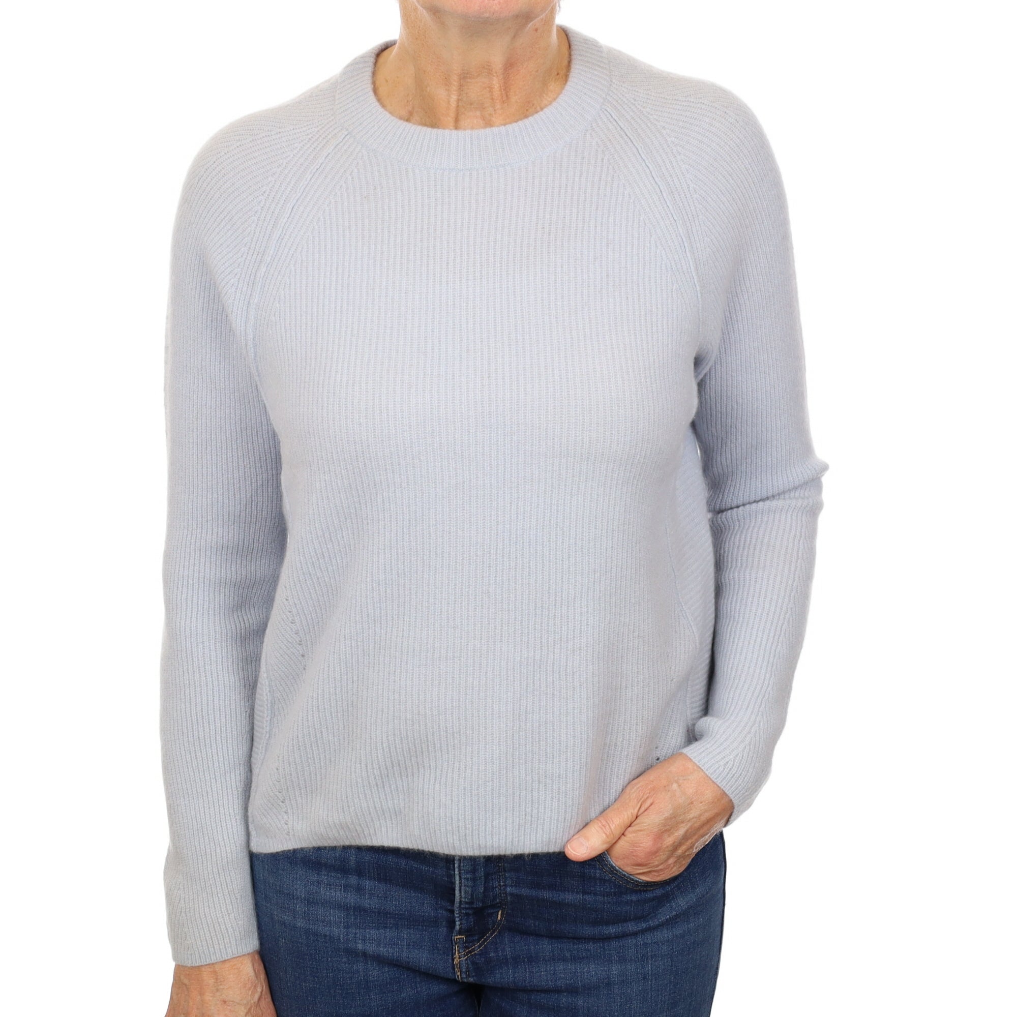 Powder Blue Ribbed Cashmere Crew Neck Jumper Medium