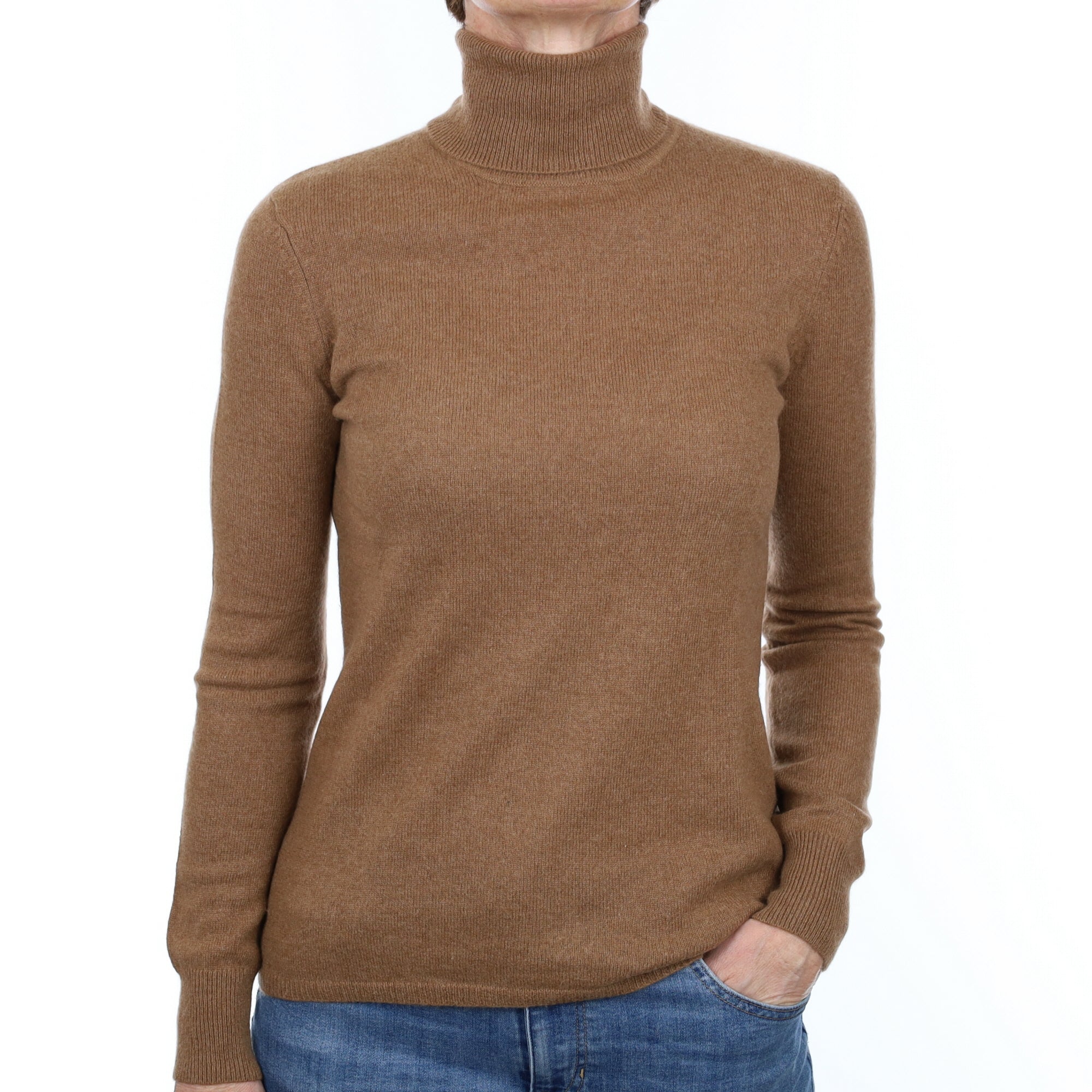 Toffee Brown Cashmere Polo Neck Jumper Small