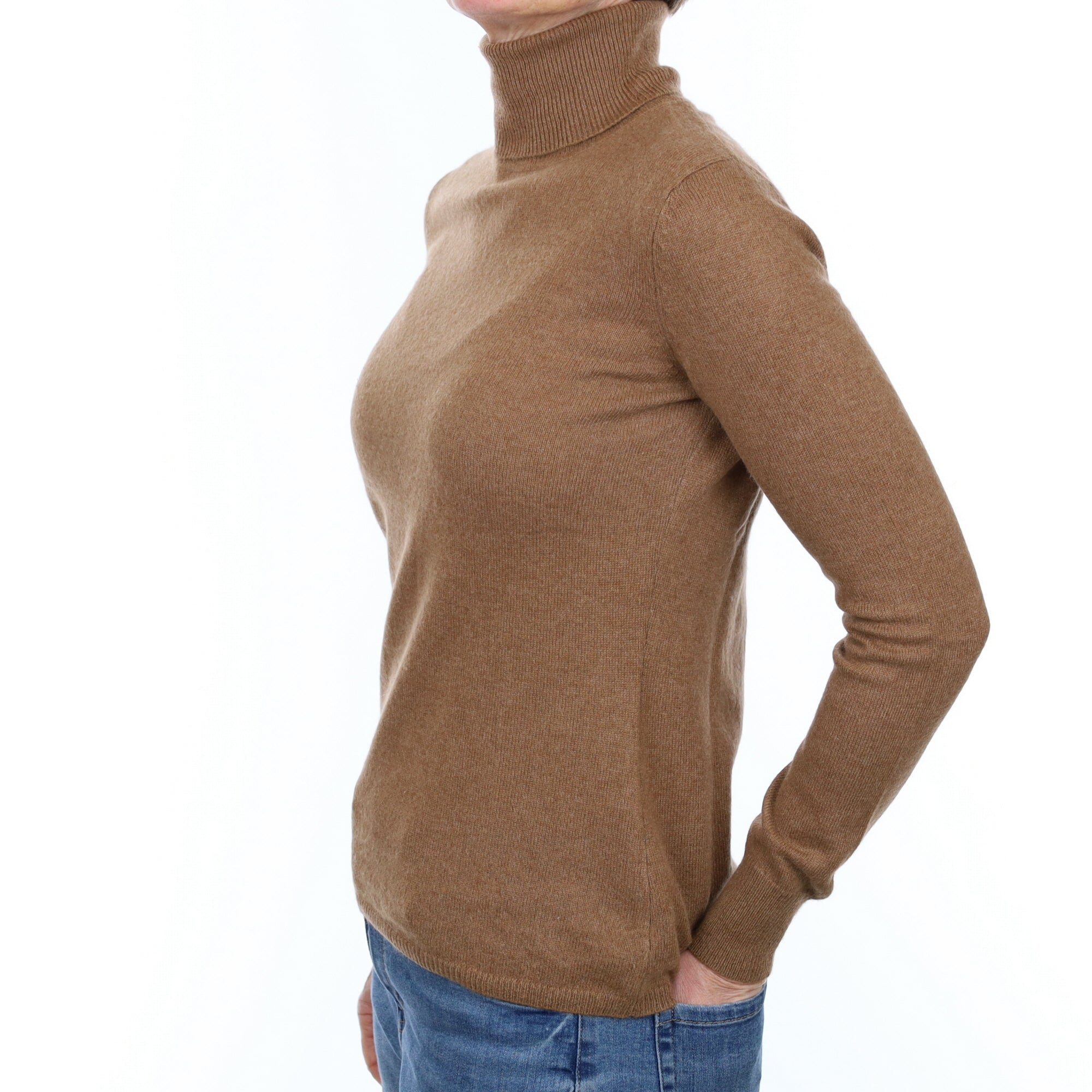 Toffee Brown Cashmere Polo Neck Jumper Small