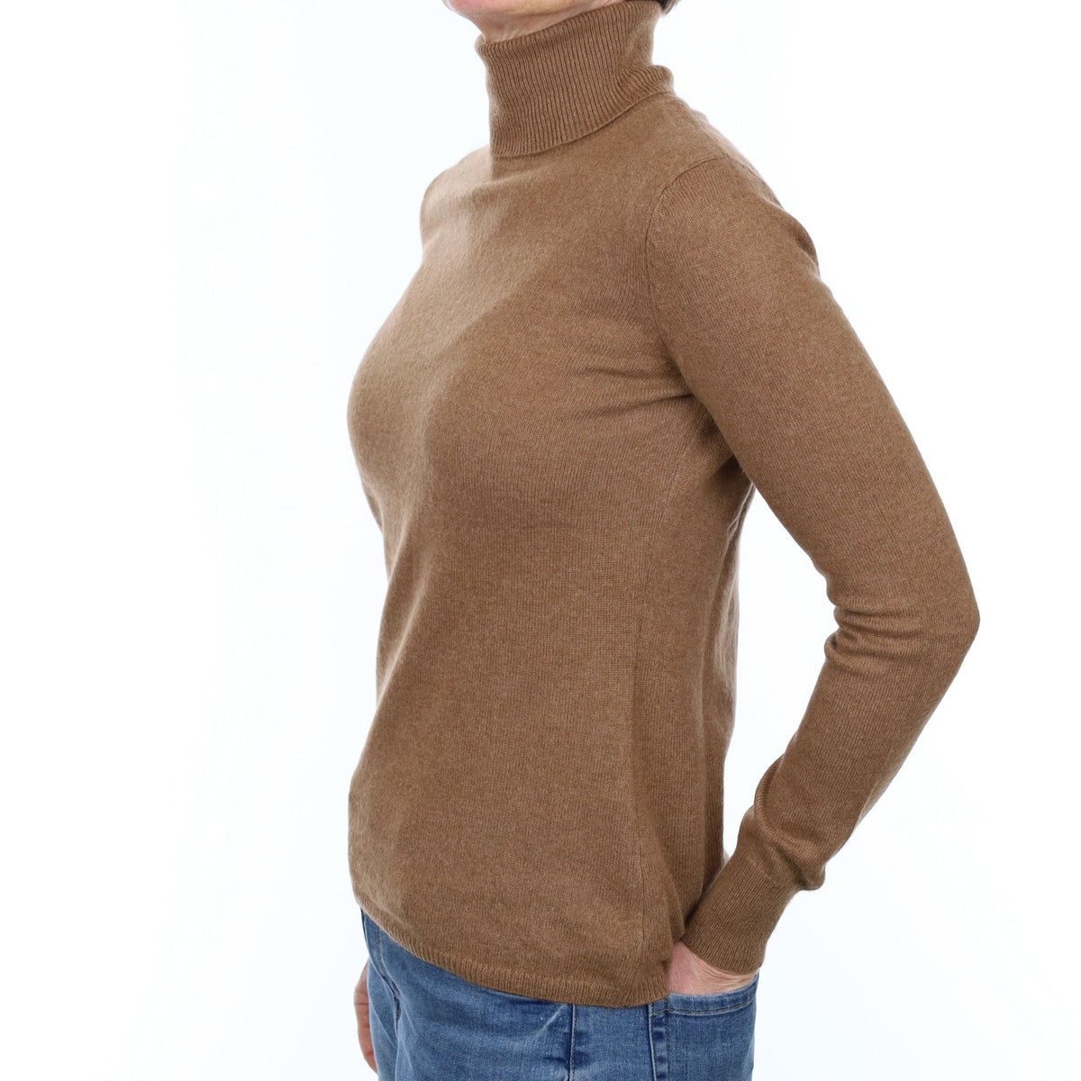 Toffee Brown Cashmere Polo Neck Jumper Small