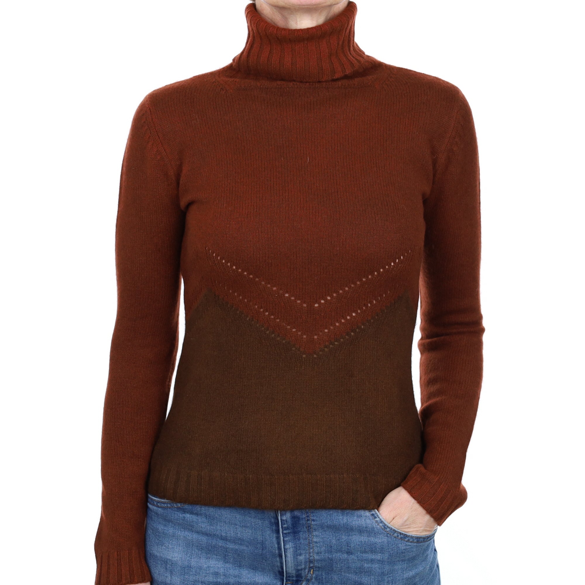 Deep Rust and Walnut Cashmere Polo Neck Jumper Small