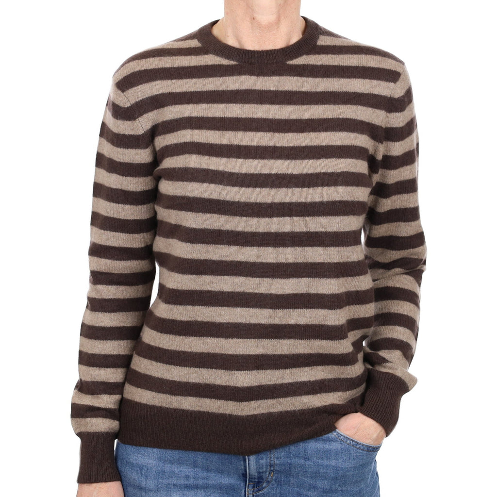 Chocolate and Taupe Stripe Cashmere Crew Neck Jumper Small