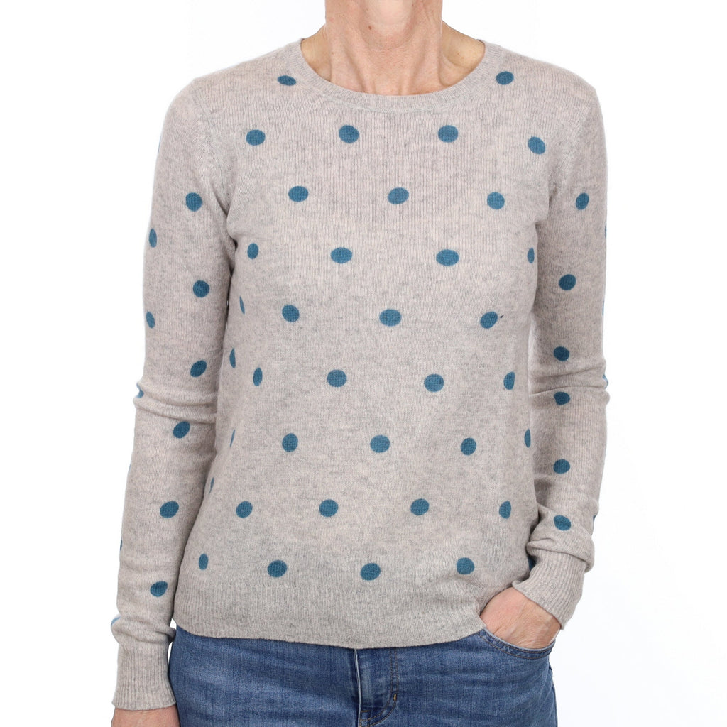Grey and Teal Polka Dot Cashmere Crew Neck Jumper Small