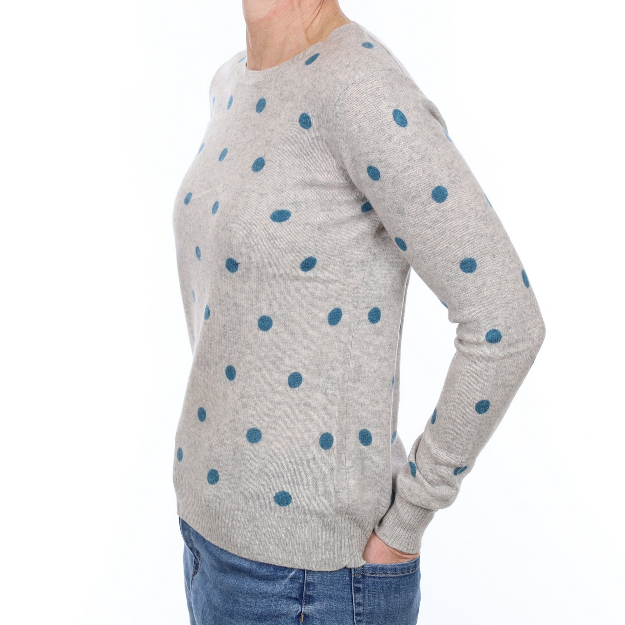 Grey and Teal Polka Dot Cashmere Crew Neck Jumper Small