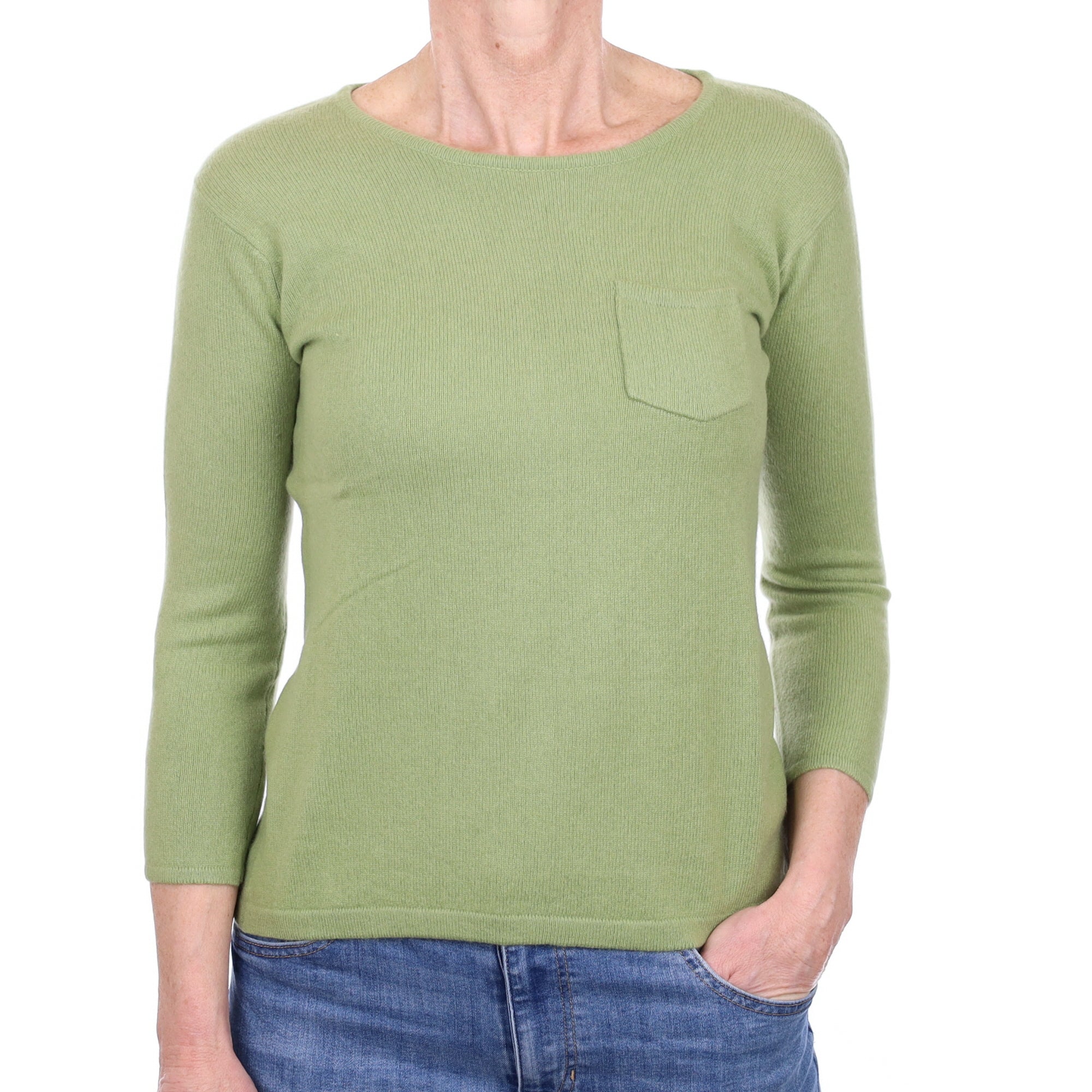 Pear Green Cashmere 3/4 Sleeve Crew Neck Jumper Small
