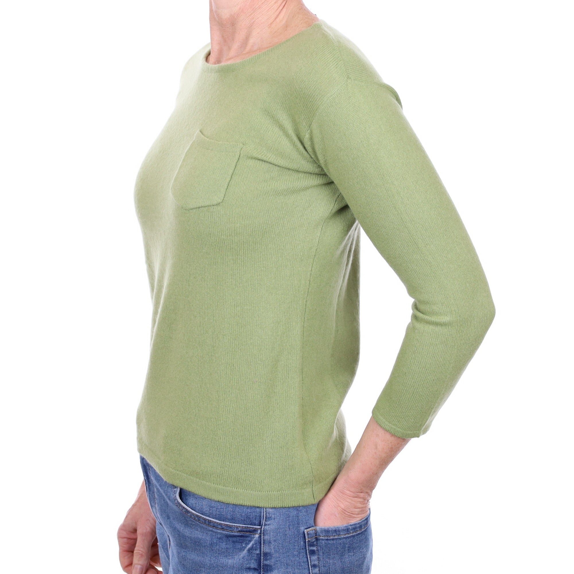 Pear Green Cashmere 3/4 Sleeve Crew Neck Jumper Small