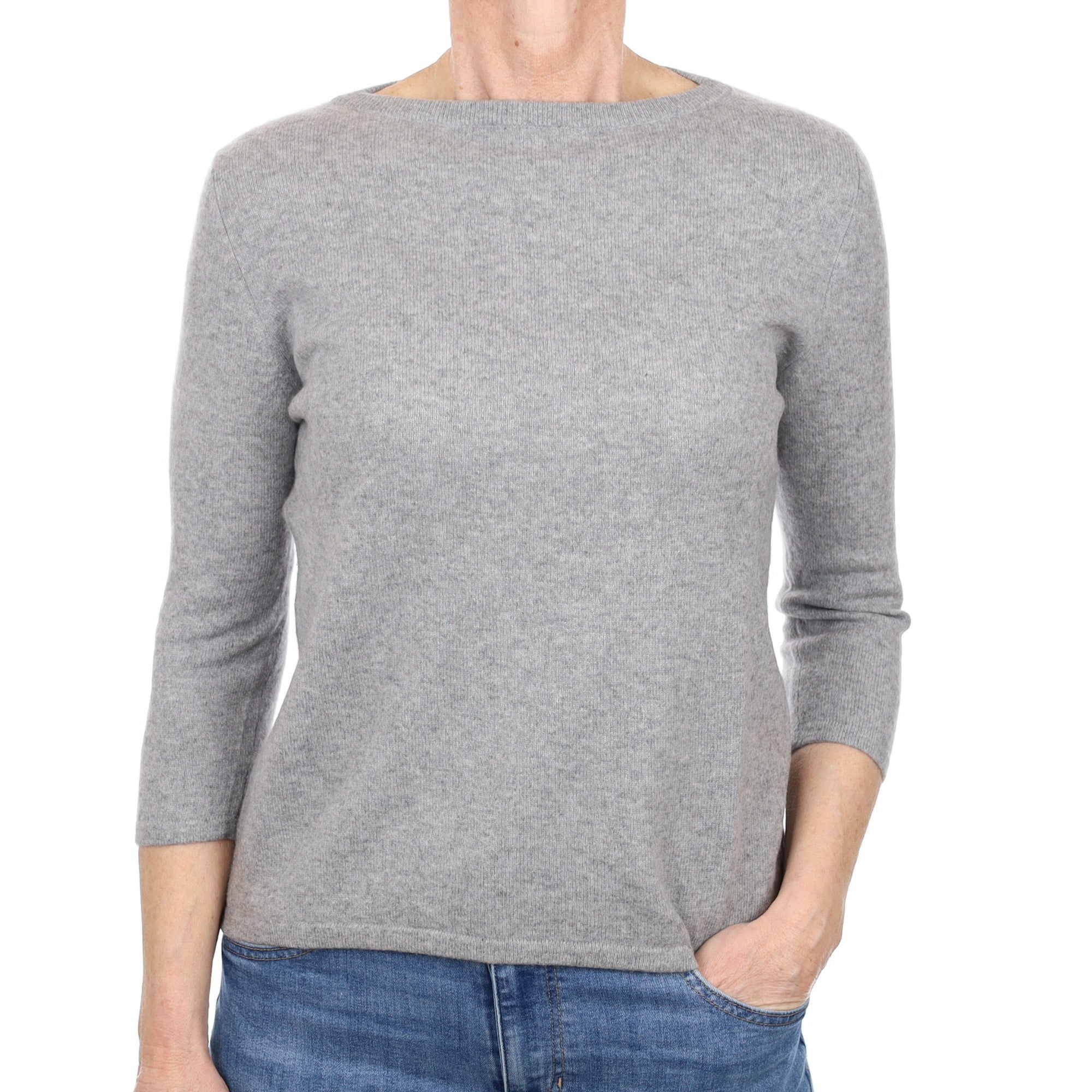 Smoke Grey Cashmere 3/4 Sleeve Boat Neck Jumper Small