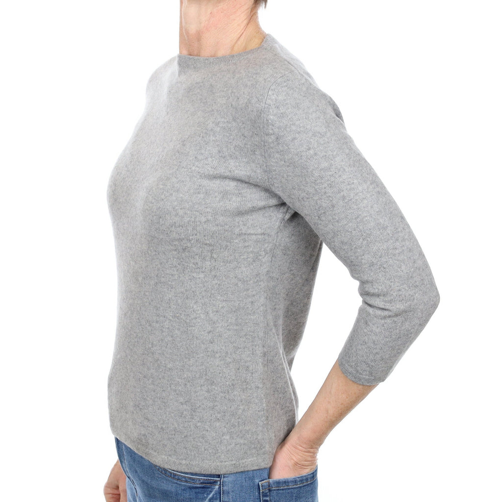 Smoke Grey Cashmere 3/4 Sleeve Boat Neck Jumper Small