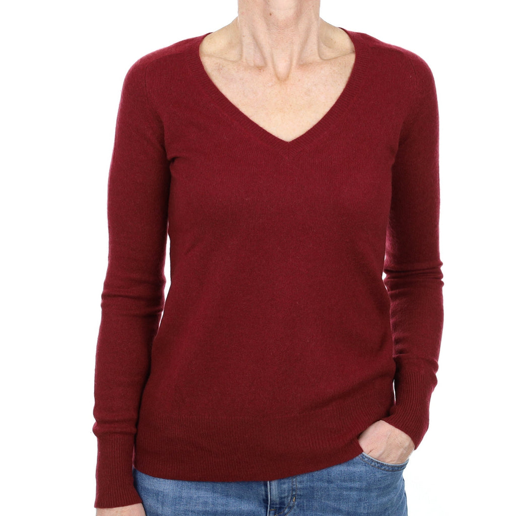 Maroon Red Cashmere V Neck Jumper Small