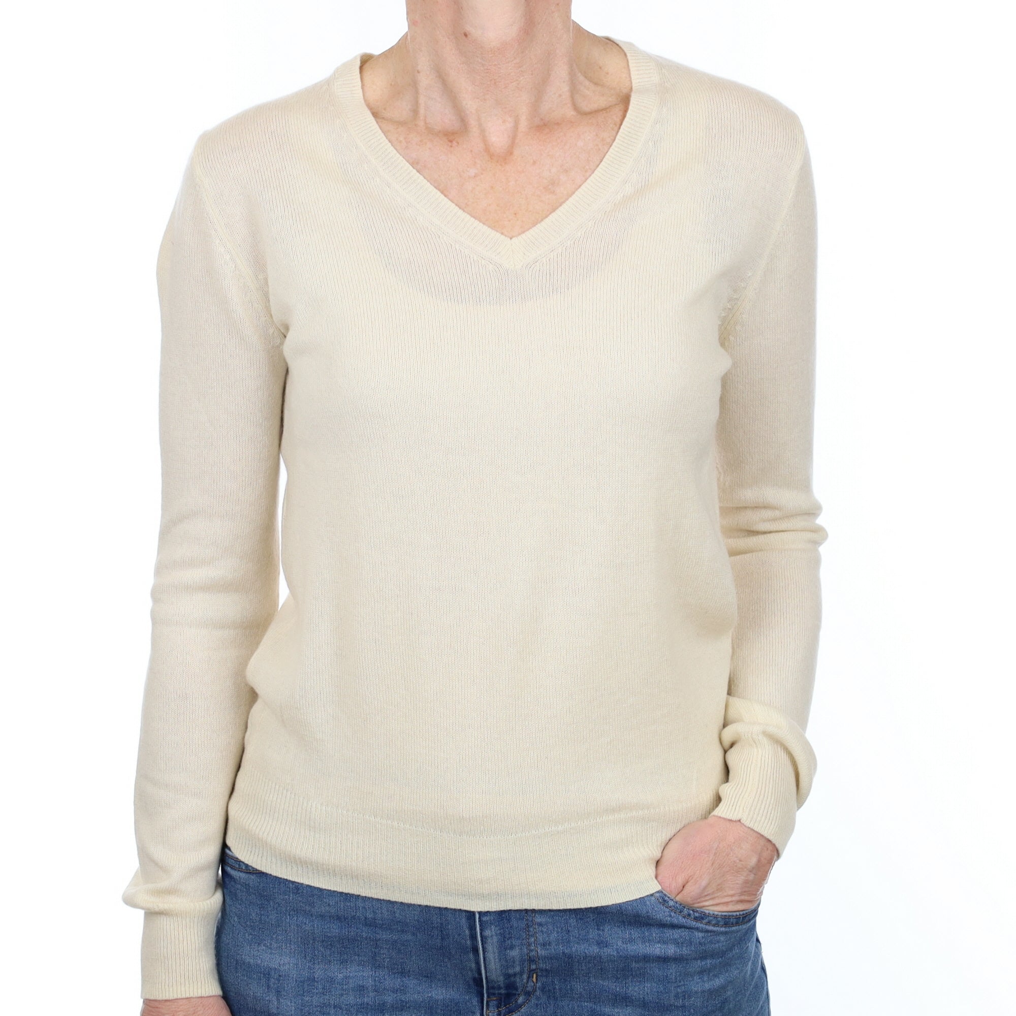 Vanilla Cream Cashmere V Neck Jumper Small