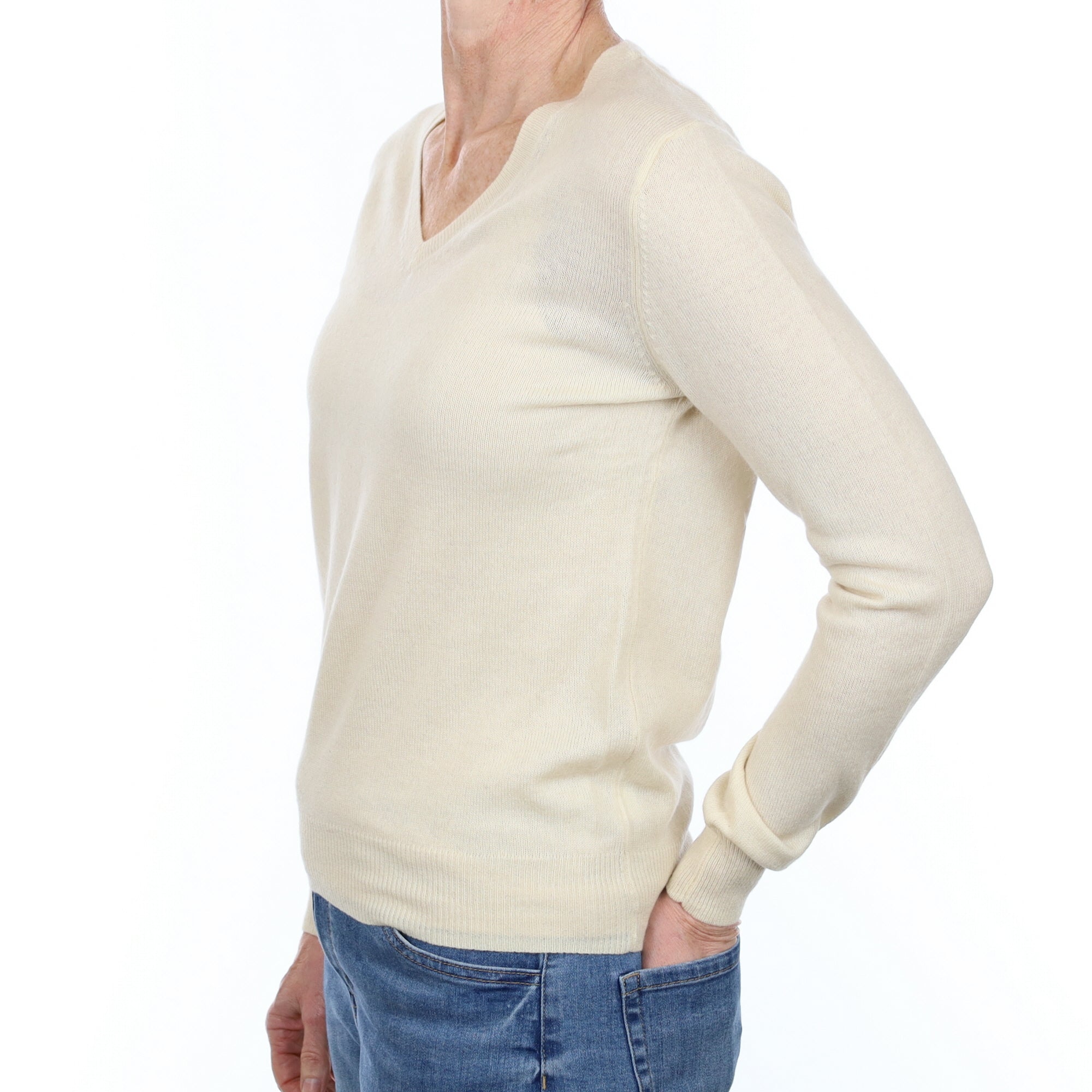 Vanilla Cream Cashmere V Neck Jumper Small