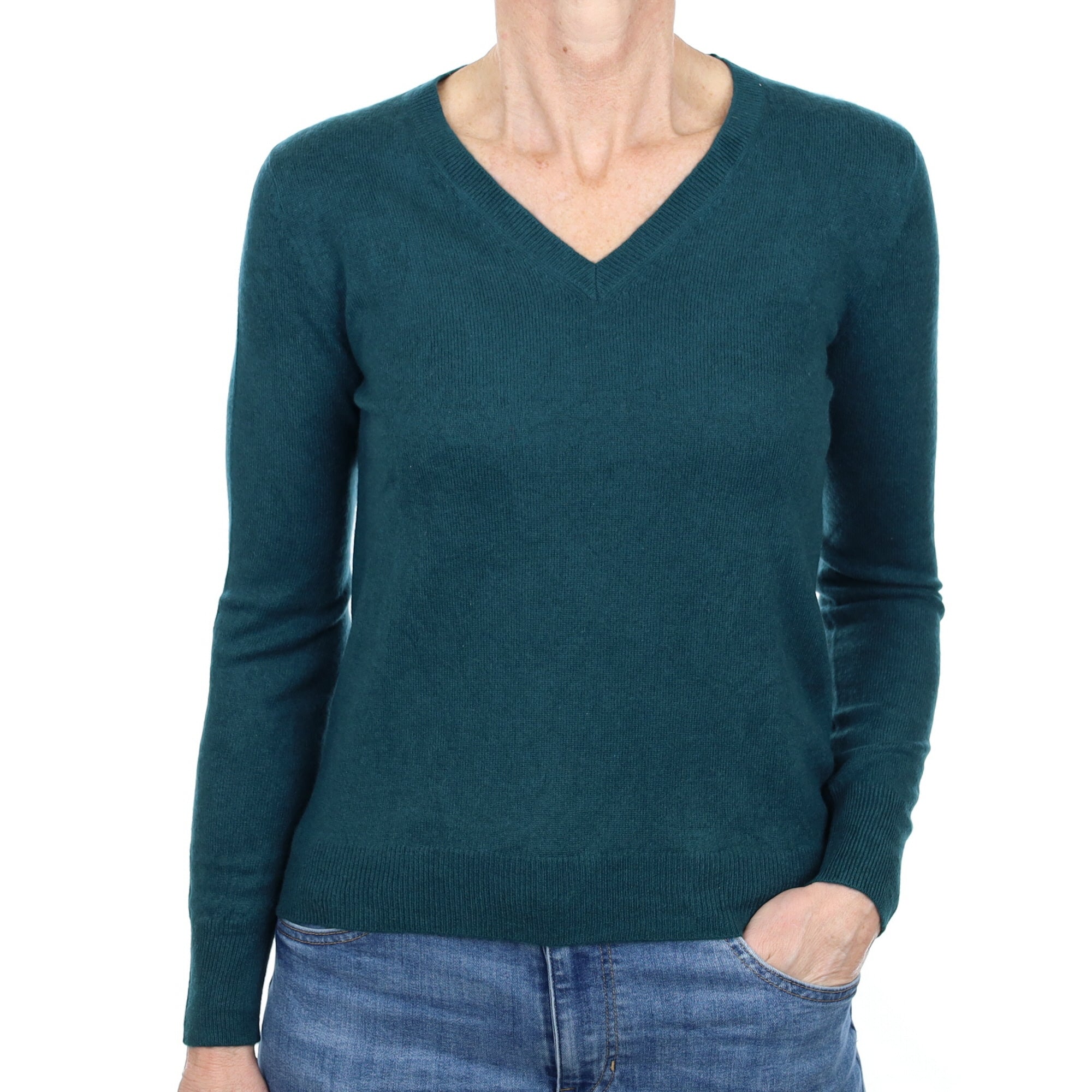 Forest Green Cashmere V Neck Jumper Small