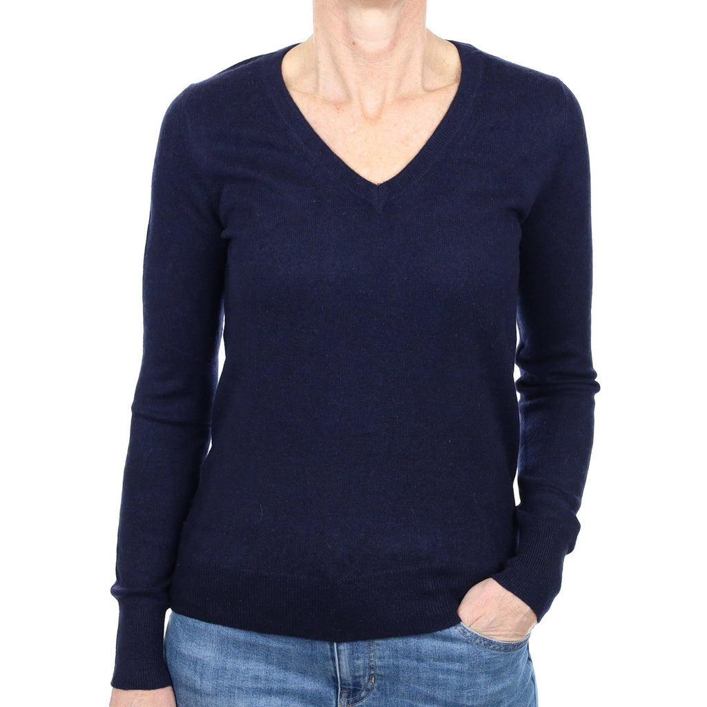 Navy Blue Cashmere V Neck Jumper Small
