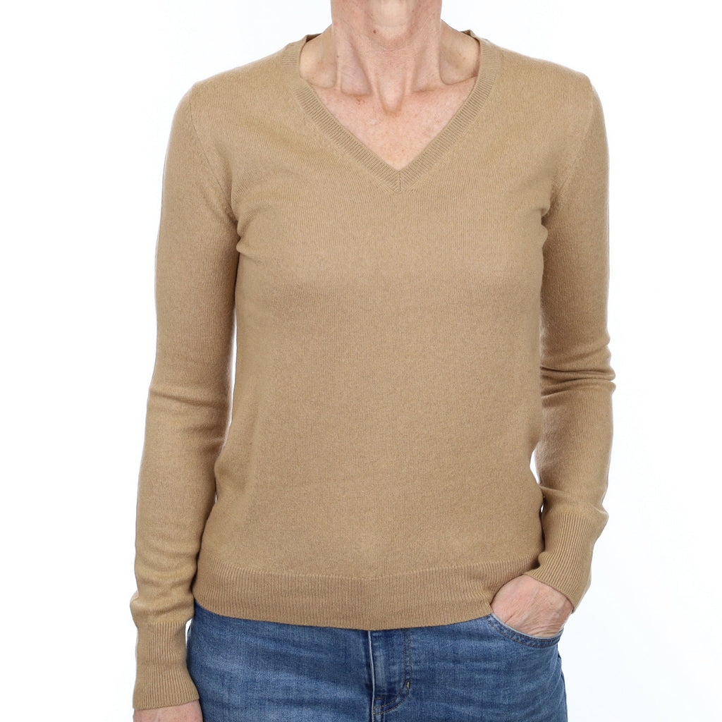 Camel Brown Cashmere V Neck Jumper Small