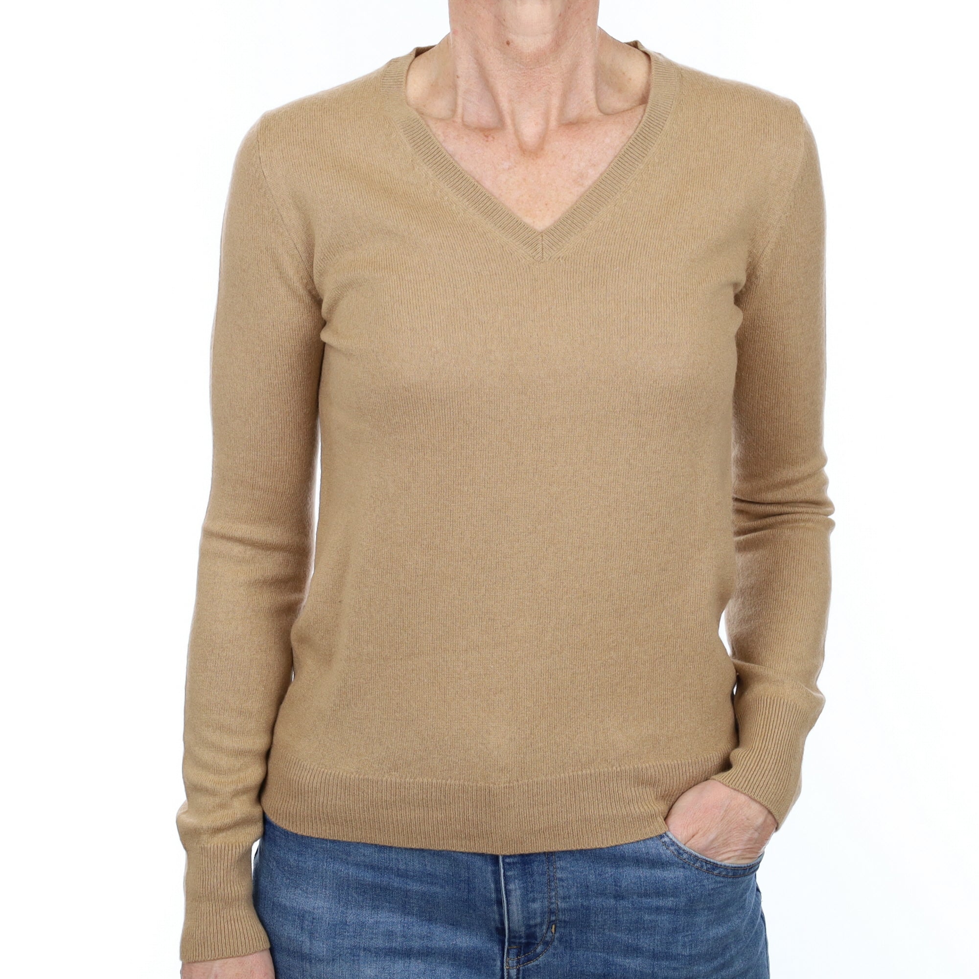 Camel Brown Cashmere V Neck Jumper Small