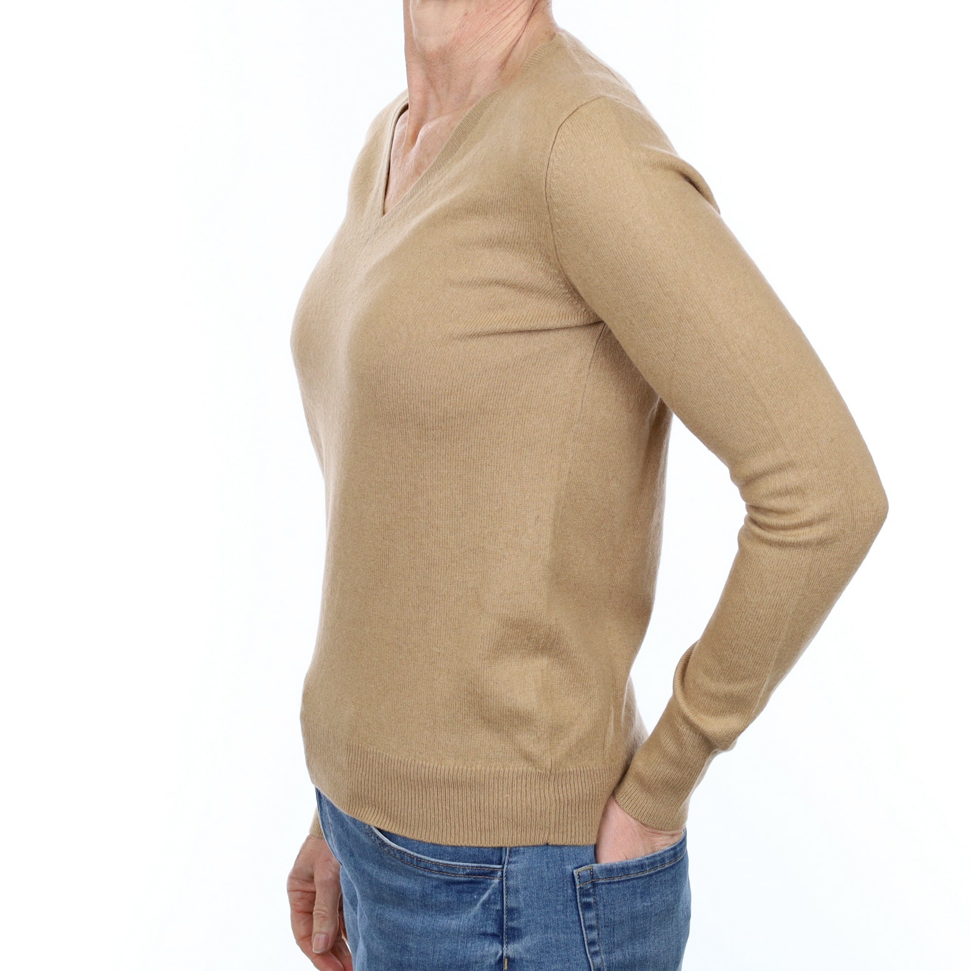 Camel Brown Cashmere V Neck Jumper Small