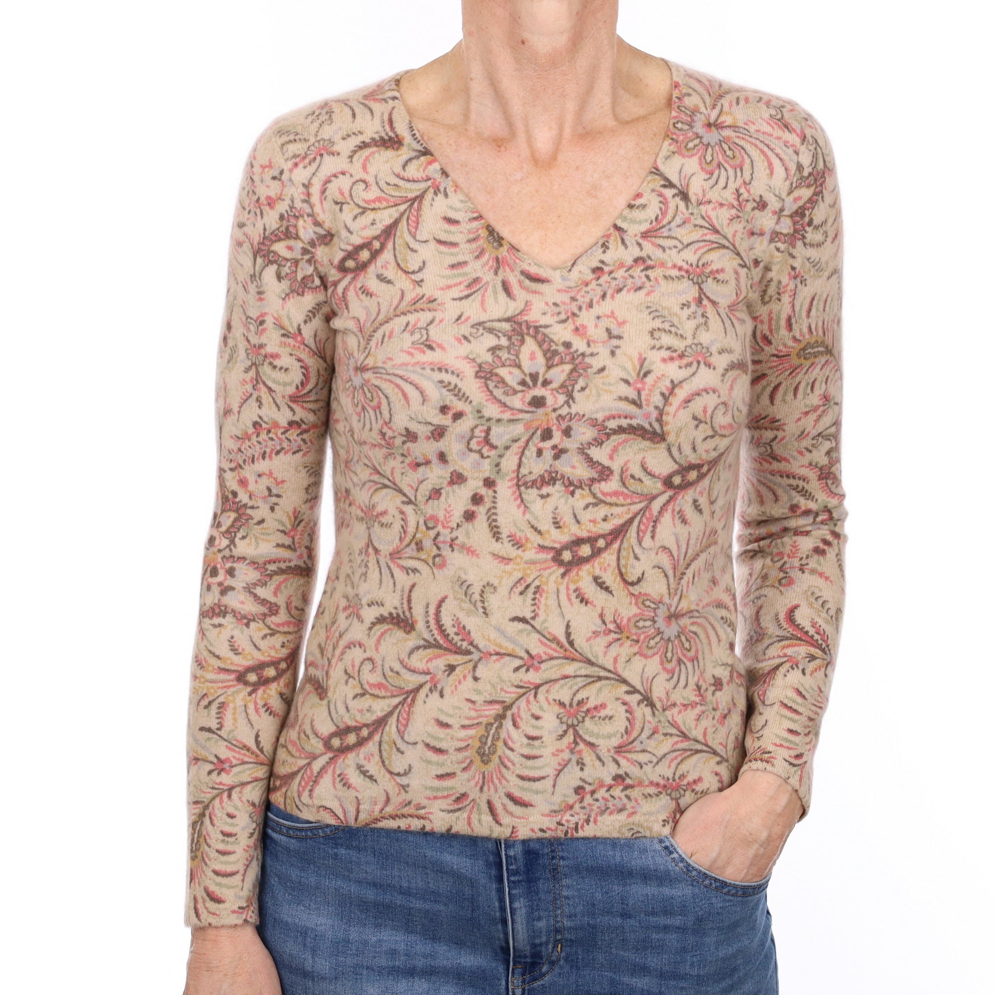 Fawn and Blush Paisley Cashmere V Neck Jumper Small