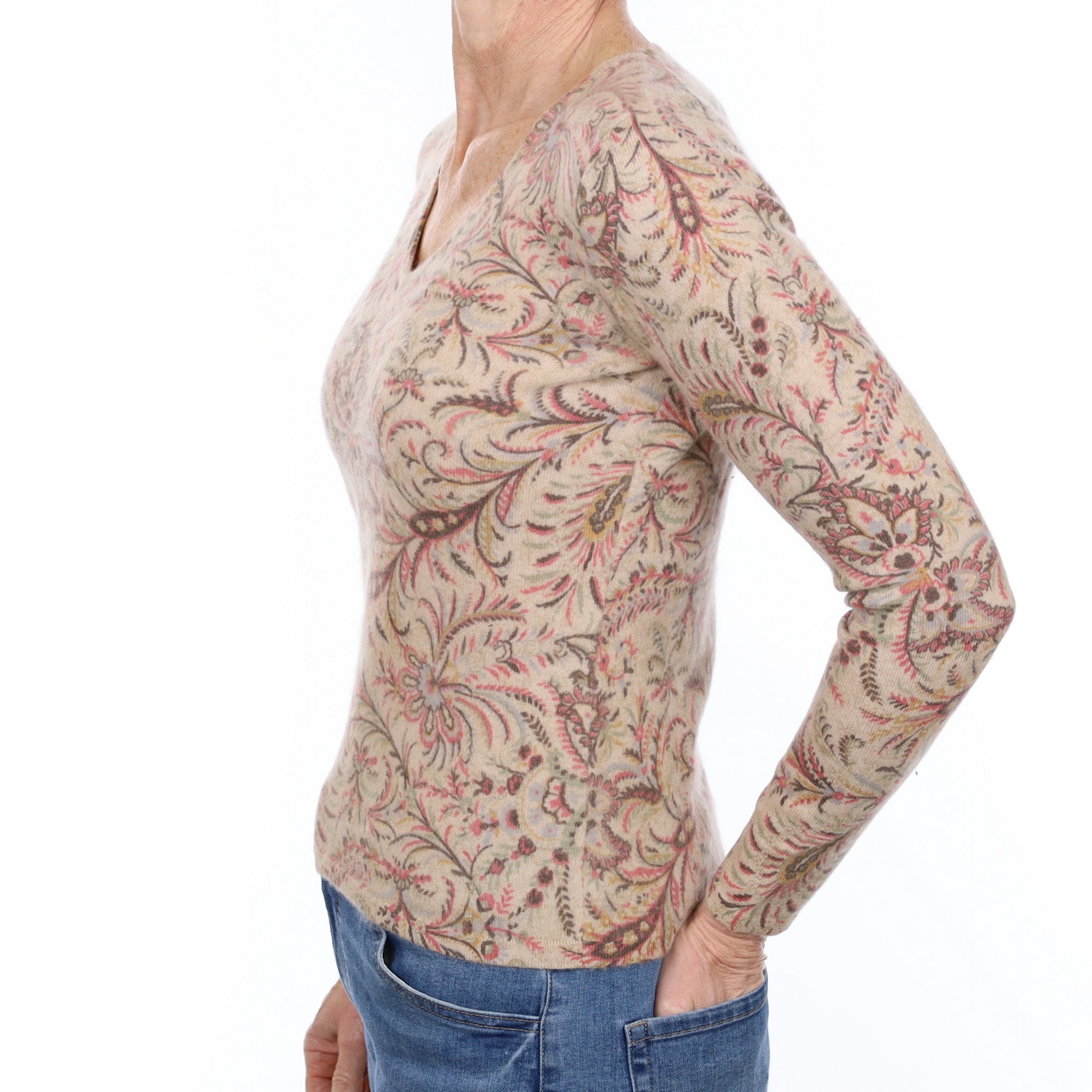 Fawn and Blush Paisley Cashmere V Neck Jumper Small