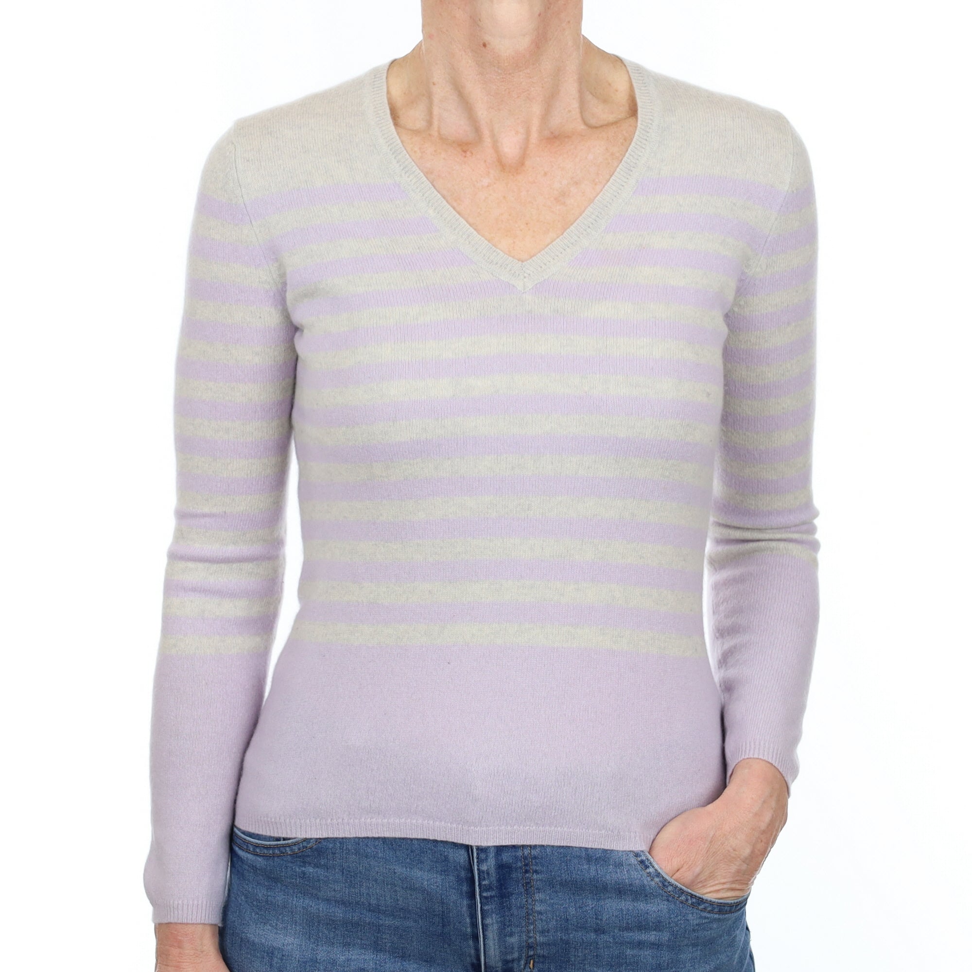 Grey and Lavender Stripe Cashmere V Neck Jumper Small