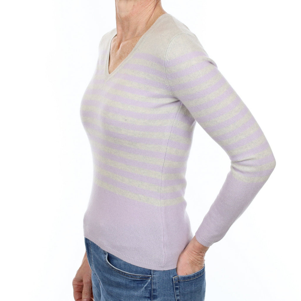 Grey and Lavender Stripe Cashmere V Neck Jumper Small