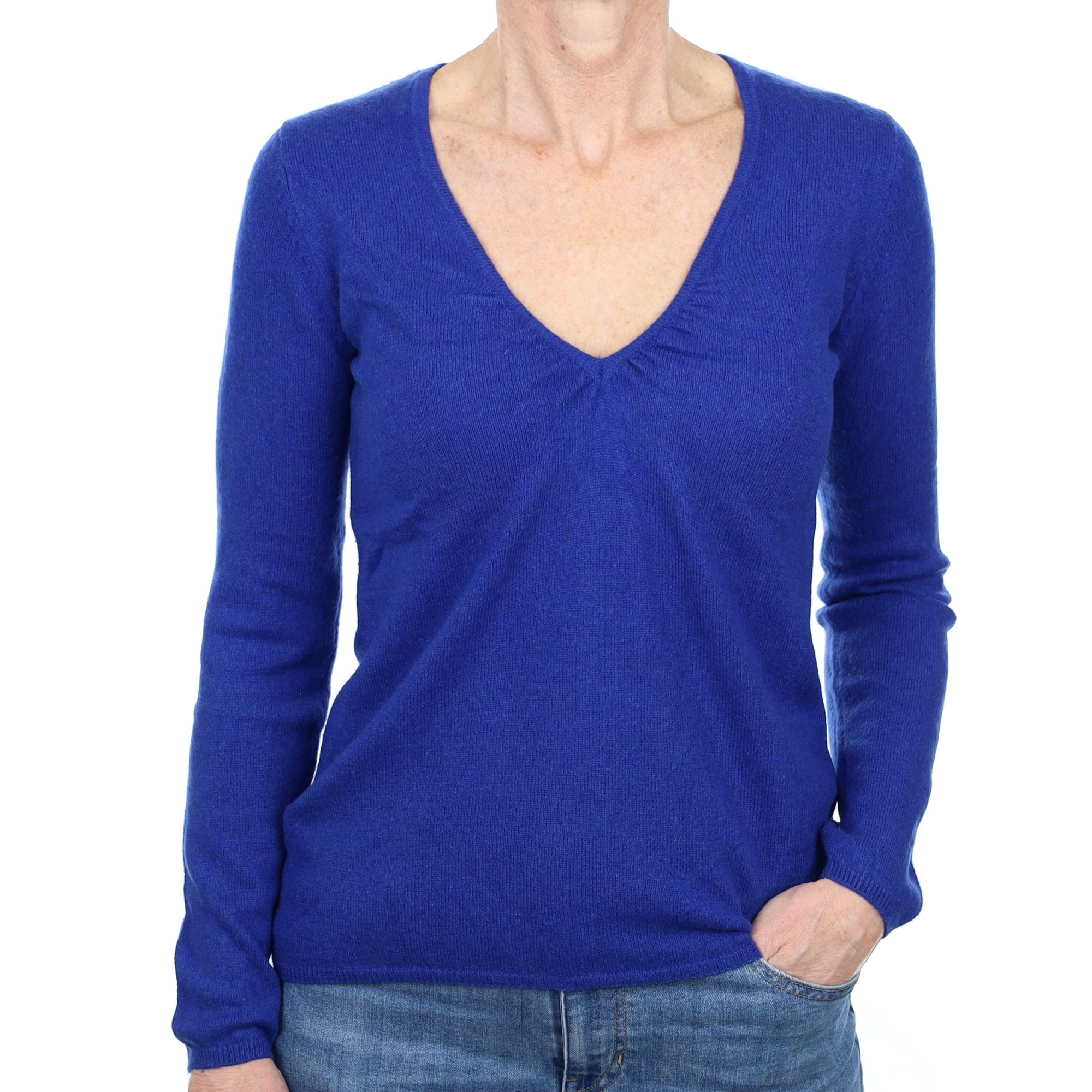 Royal Blue Cashmere Ruched  V Neck Jumper Small