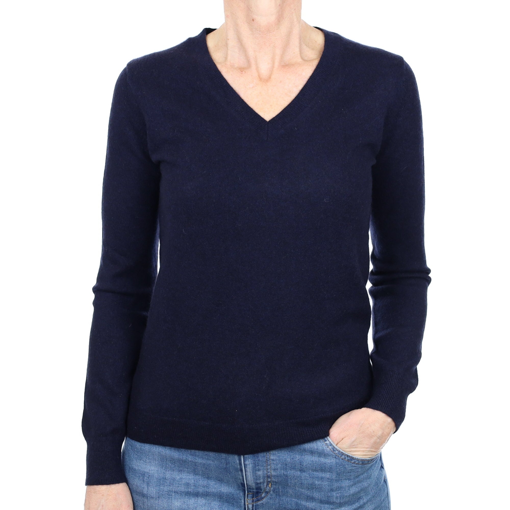 Navy Blue Cashmere V Neck Jumper Small