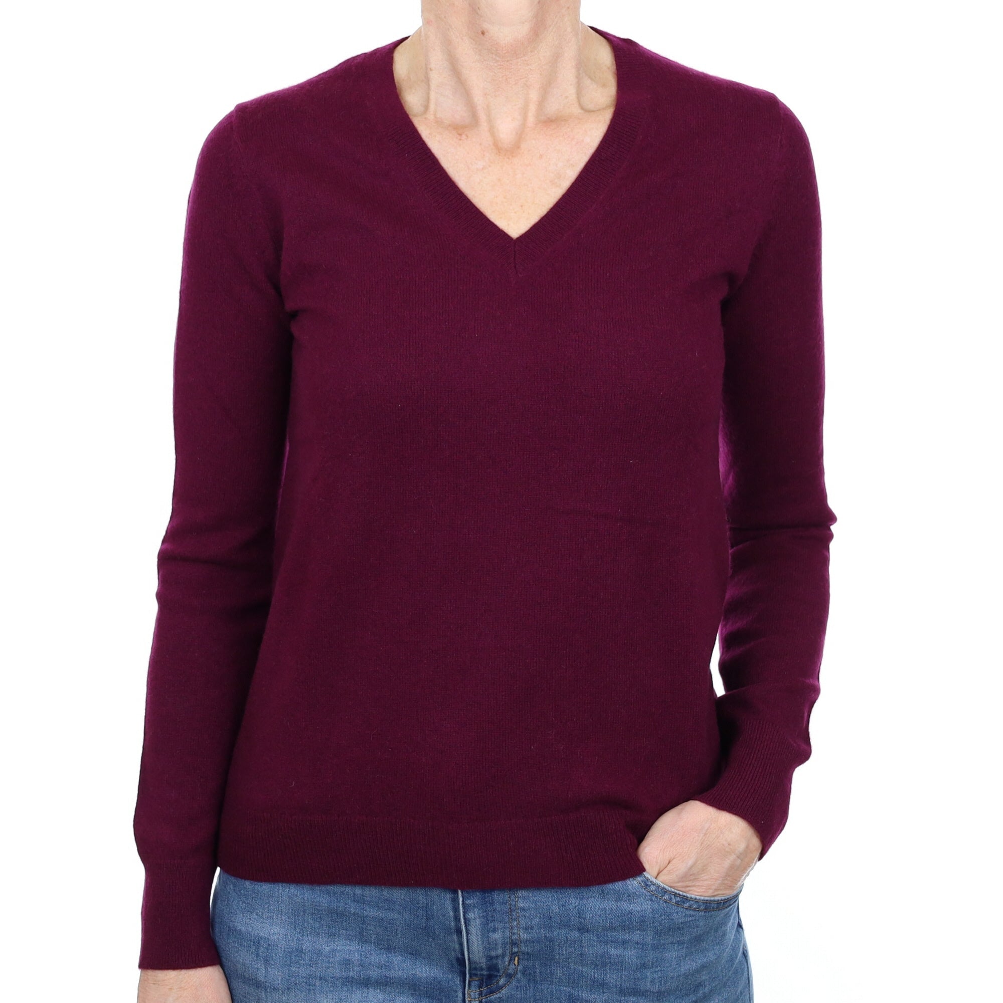 Aubergine Purple Cashmere V Neck Jumper Small