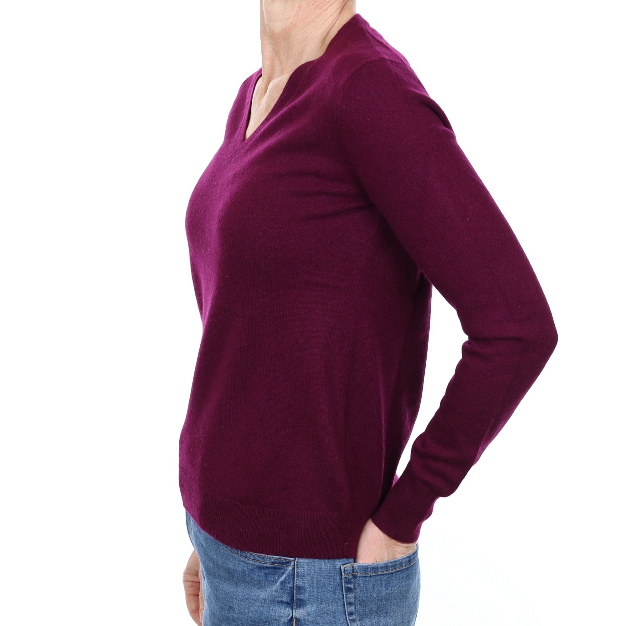 Aubergine Purple Cashmere V Neck Jumper Small