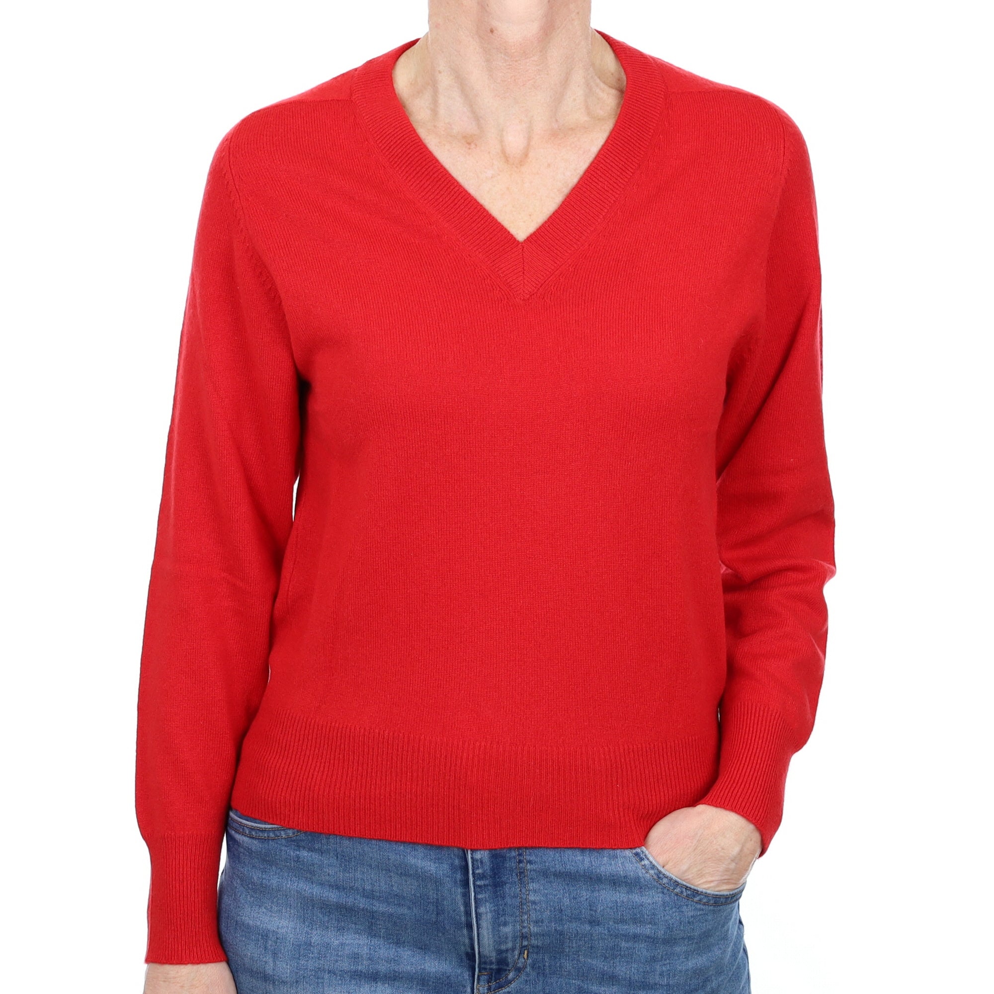 Scarlet Red Cashmere V Neck Jumper Small