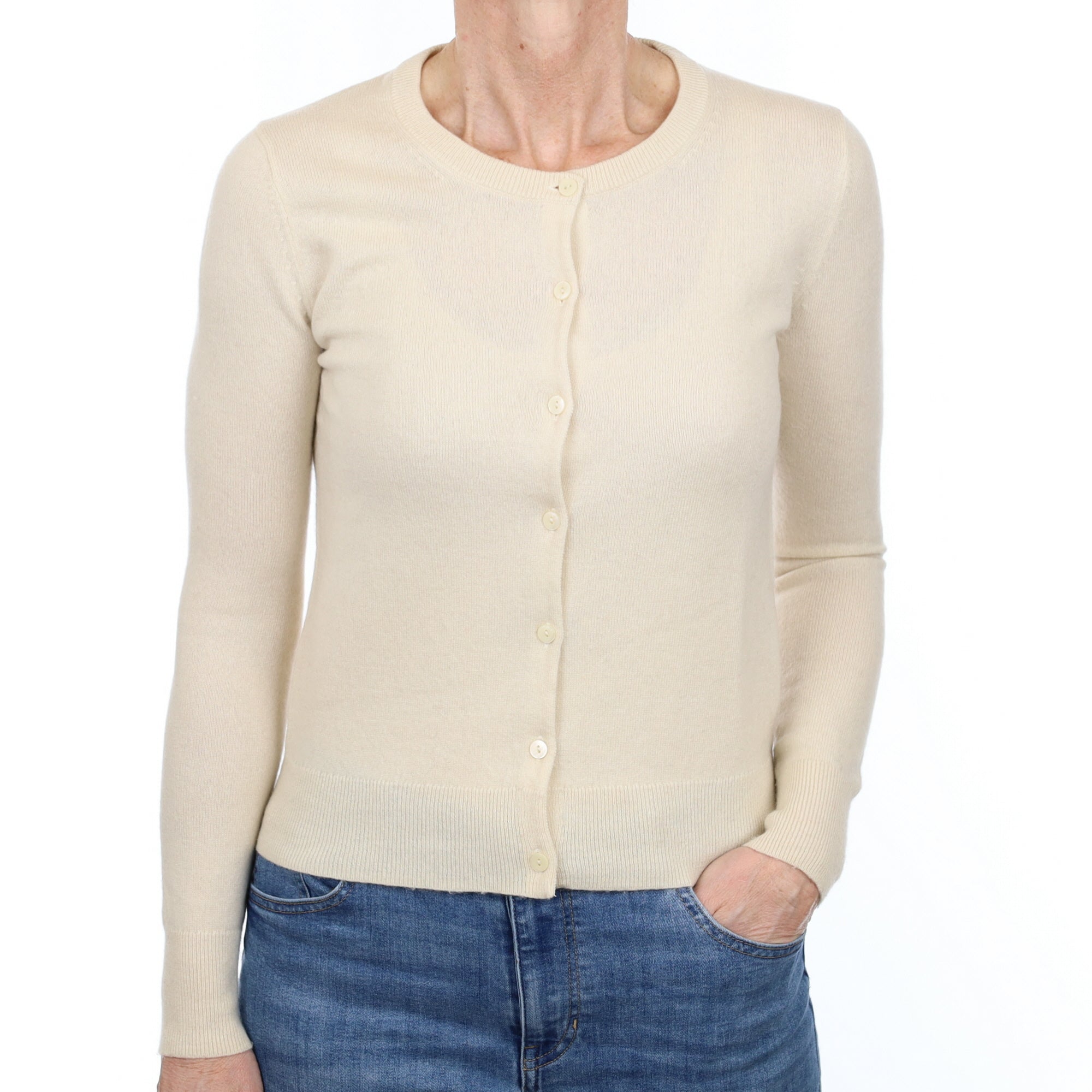 Soft Beige Cashmere Crew Neck Cardigan Small