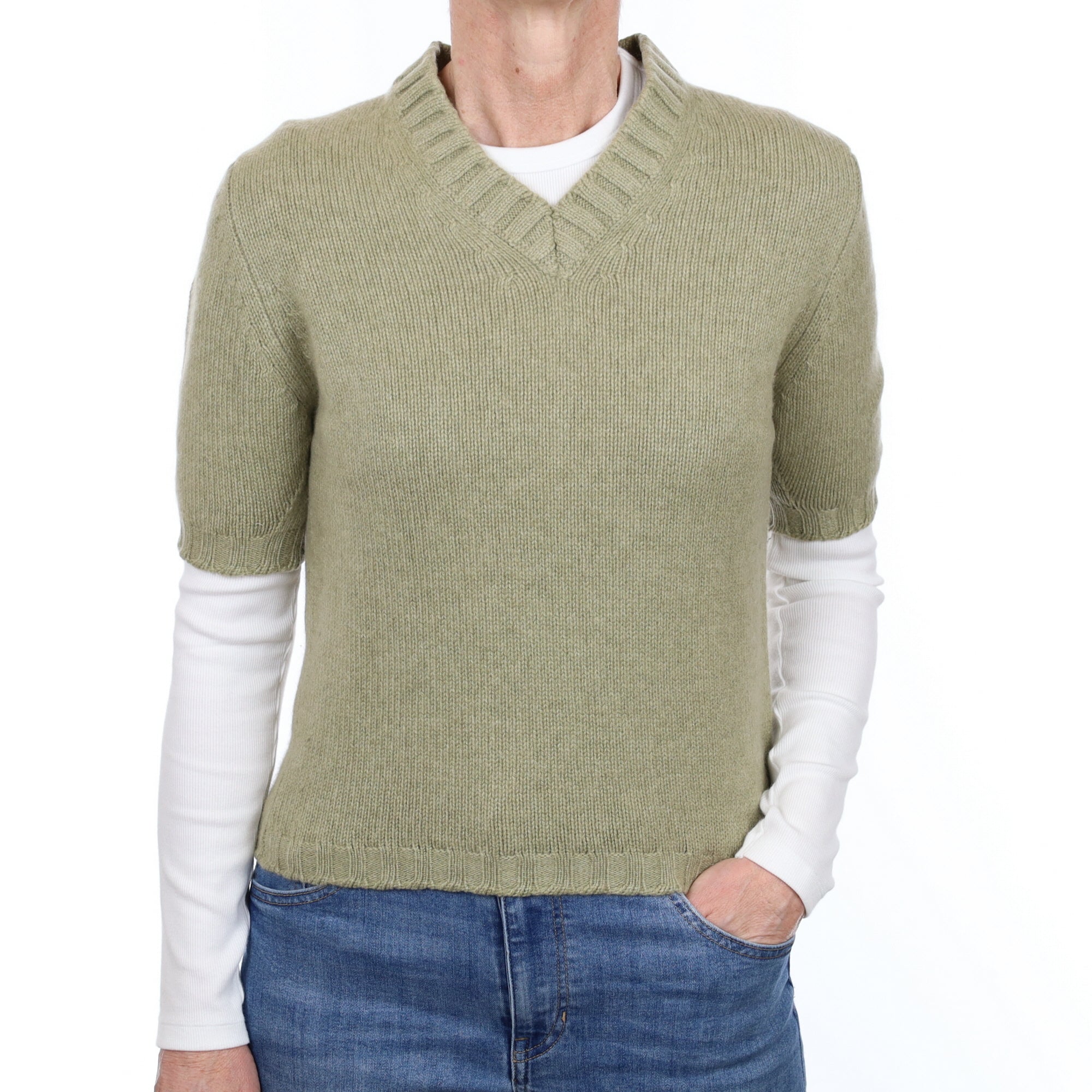 Harrods Sage Green Cashmere Short Sleeve Crew Neck Jumper Small