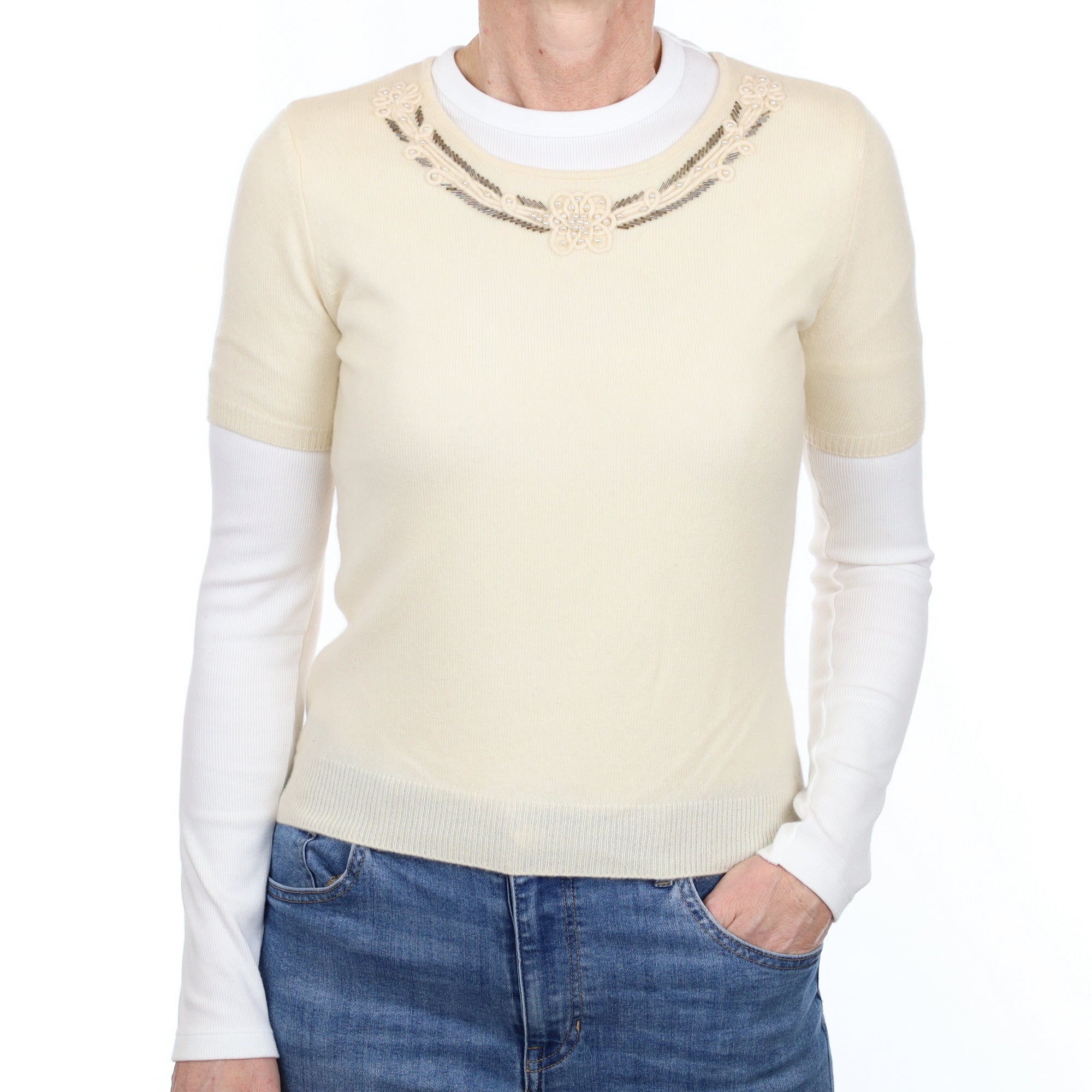 Cream Embellished Cashmere Short Sleeve Crew Neck Jumper Small