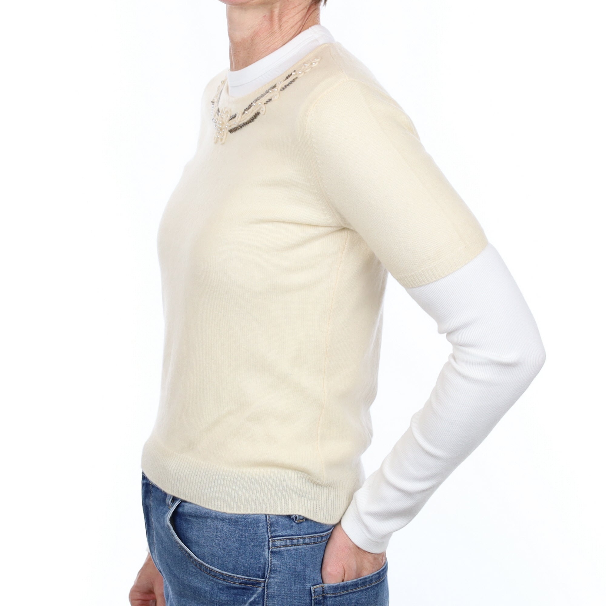 Cream Embellished Cashmere Short Sleeve Crew Neck Jumper Small