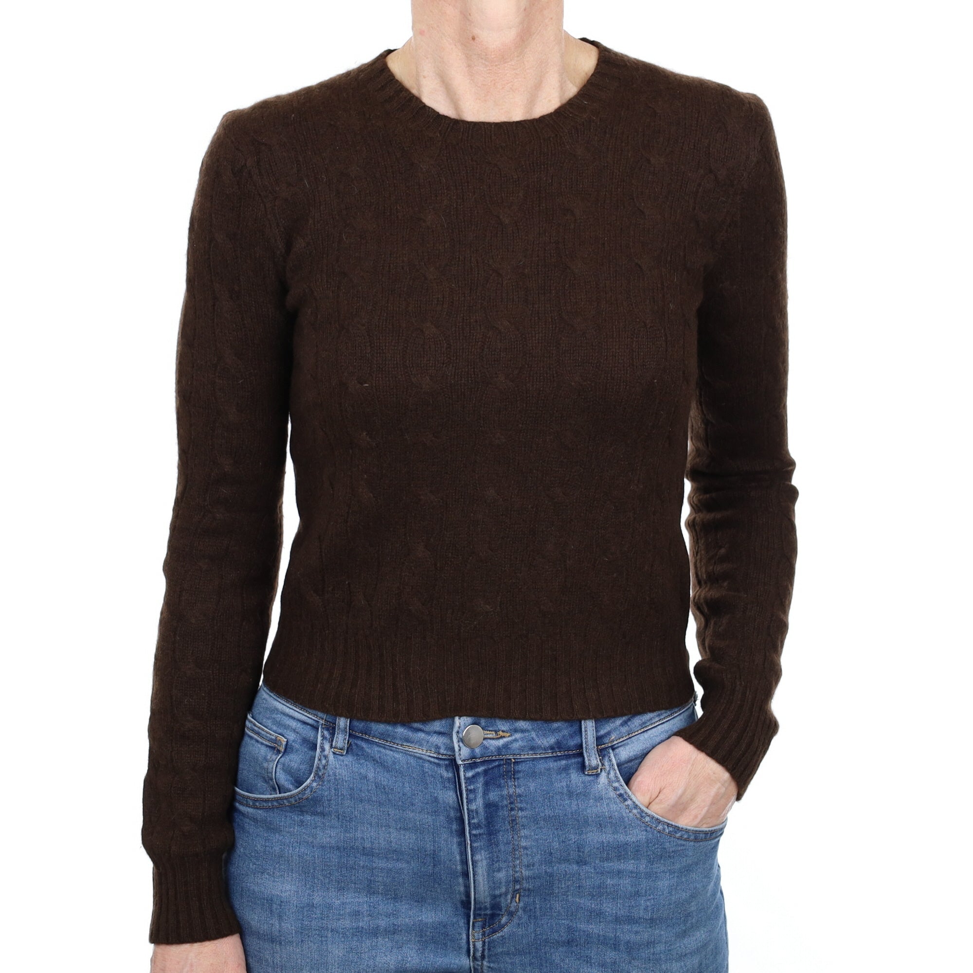 Ralph Lauren Chocolate Brown Cable Cashmere Crew Neck Jumper Small